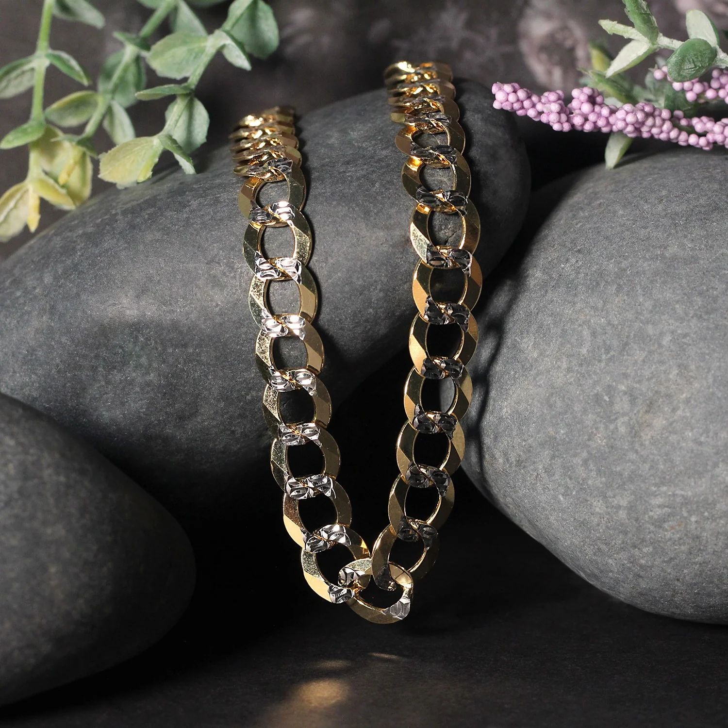 10 mm 14k Two Tone Gold Pave Curb Chain - Image 5