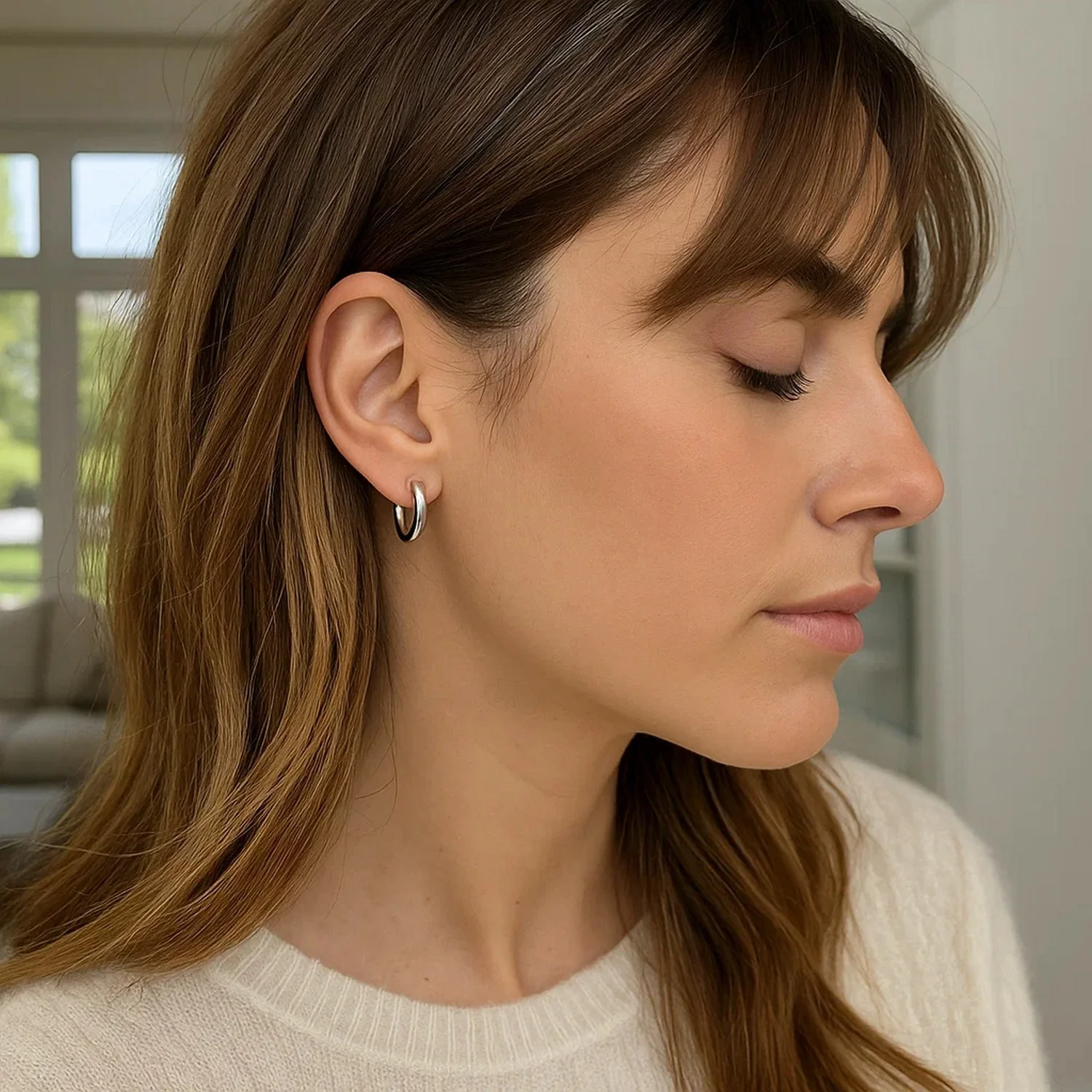10k White Gold Polished Hoop Earrings (15 mm) - Image 3