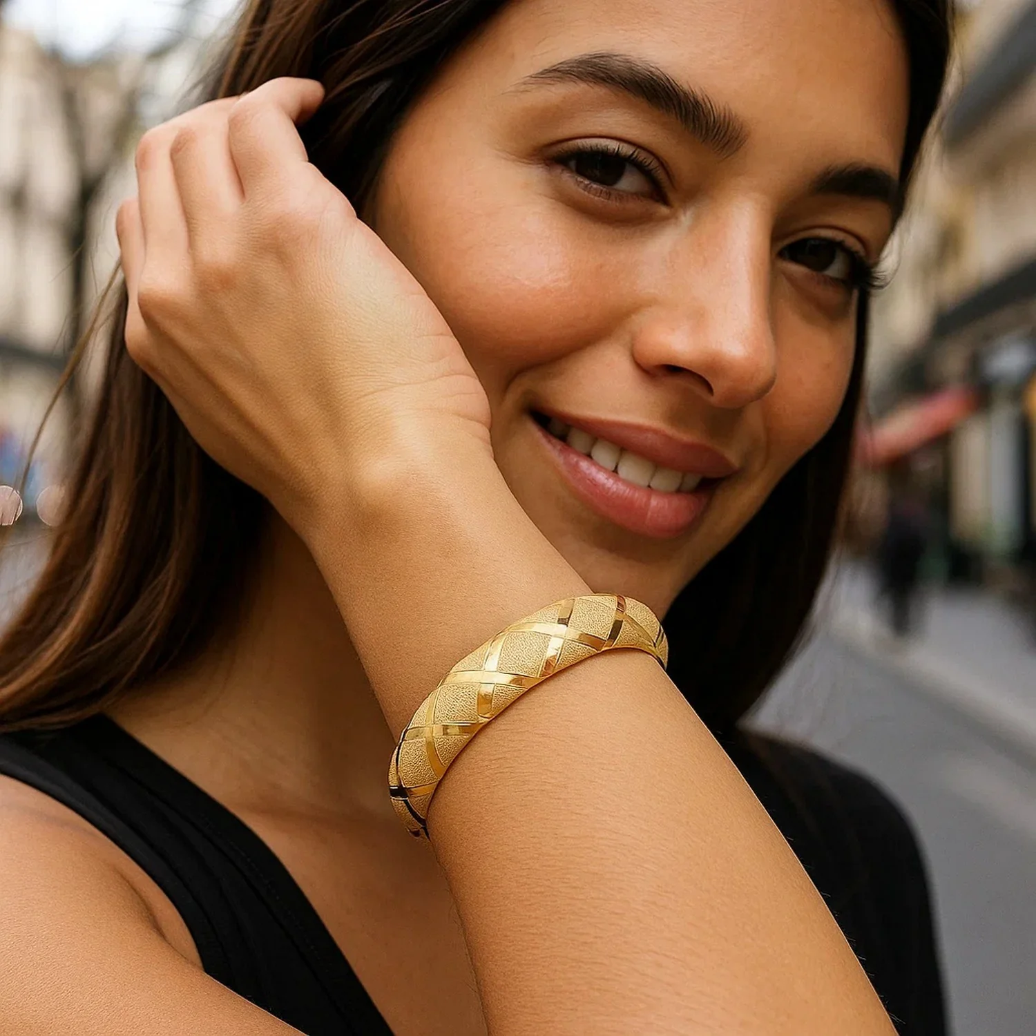 10k Yellow Gold Dual-Textured Diamond Pattern Bangle - Image 16