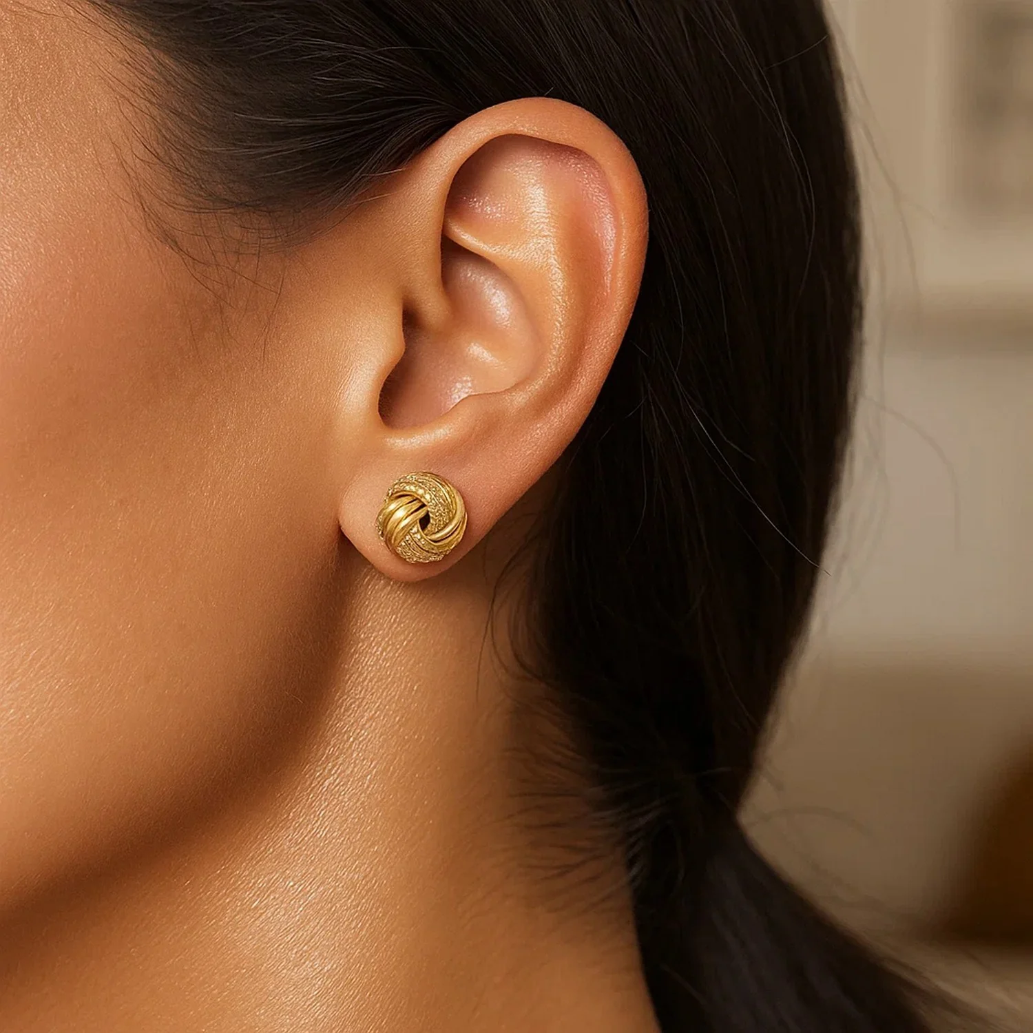 10k Yellow Gold Love Knot with Ridge Texture Earrings - Image 4