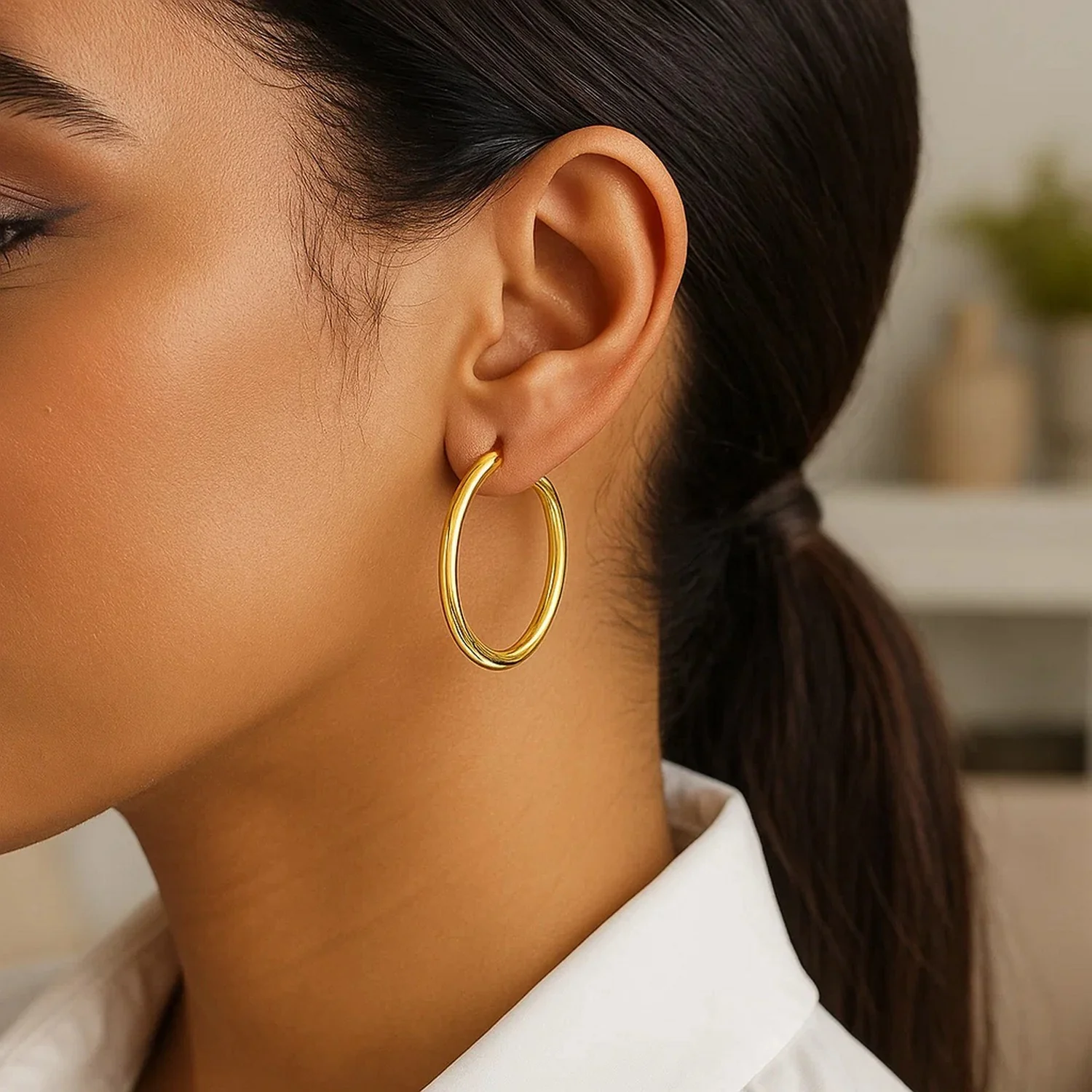 10k Yellow Gold Polished Hoop Earrings (30 mm) - Image 4