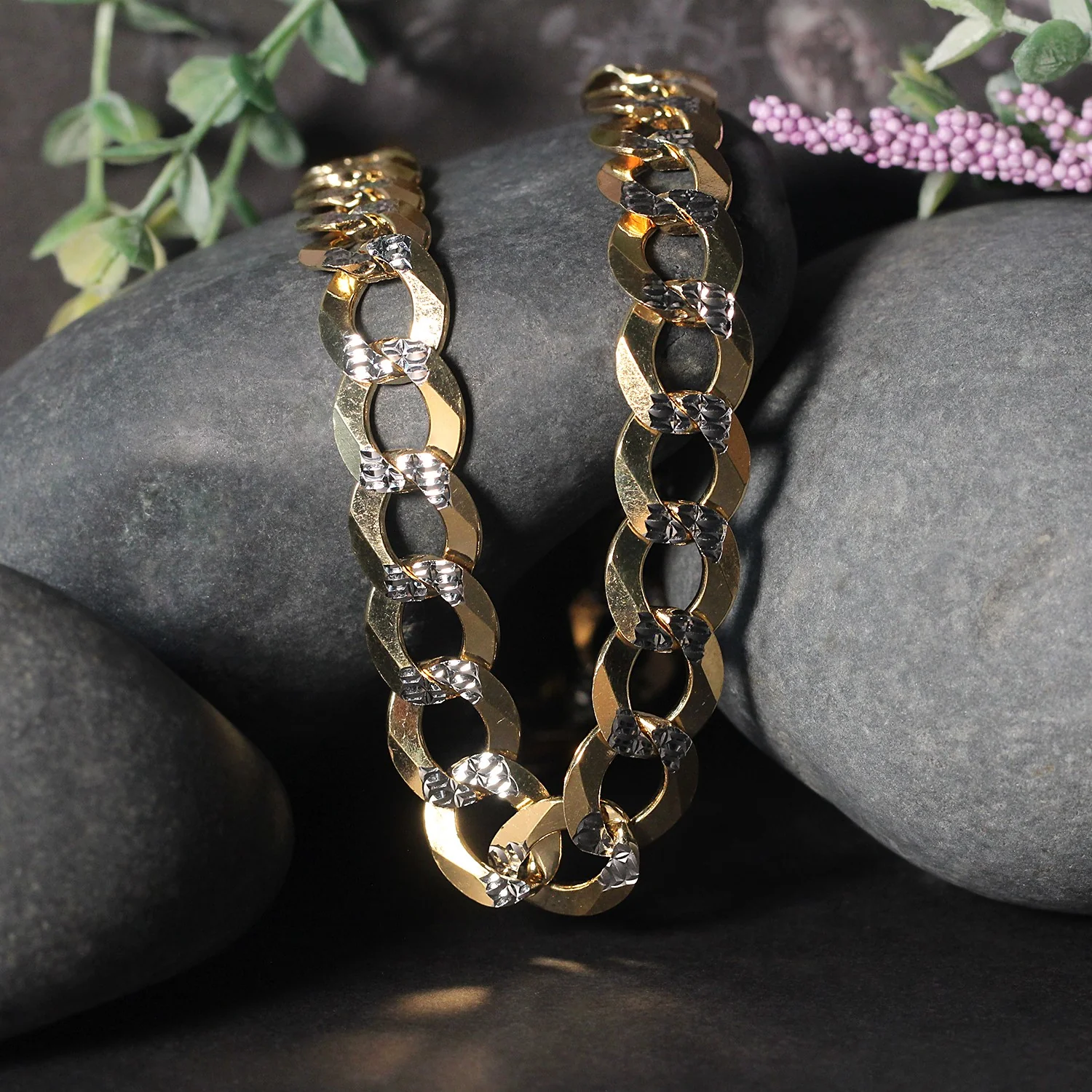 12.18 mm 14k Two Tone Gold Pave Curb Chain - Image 2