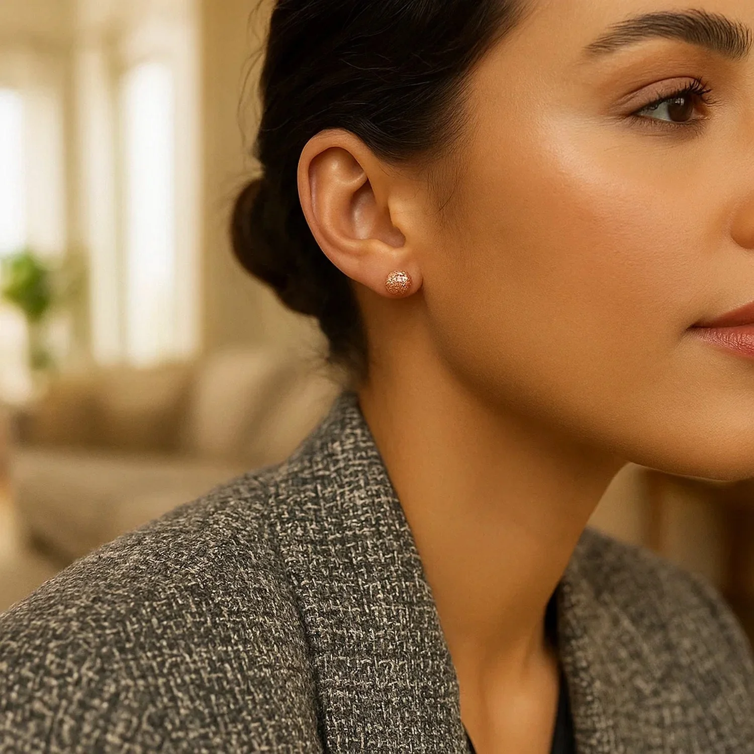 14k Rose Gold Ball Earrings with Crystal Cut Texture - Image 2