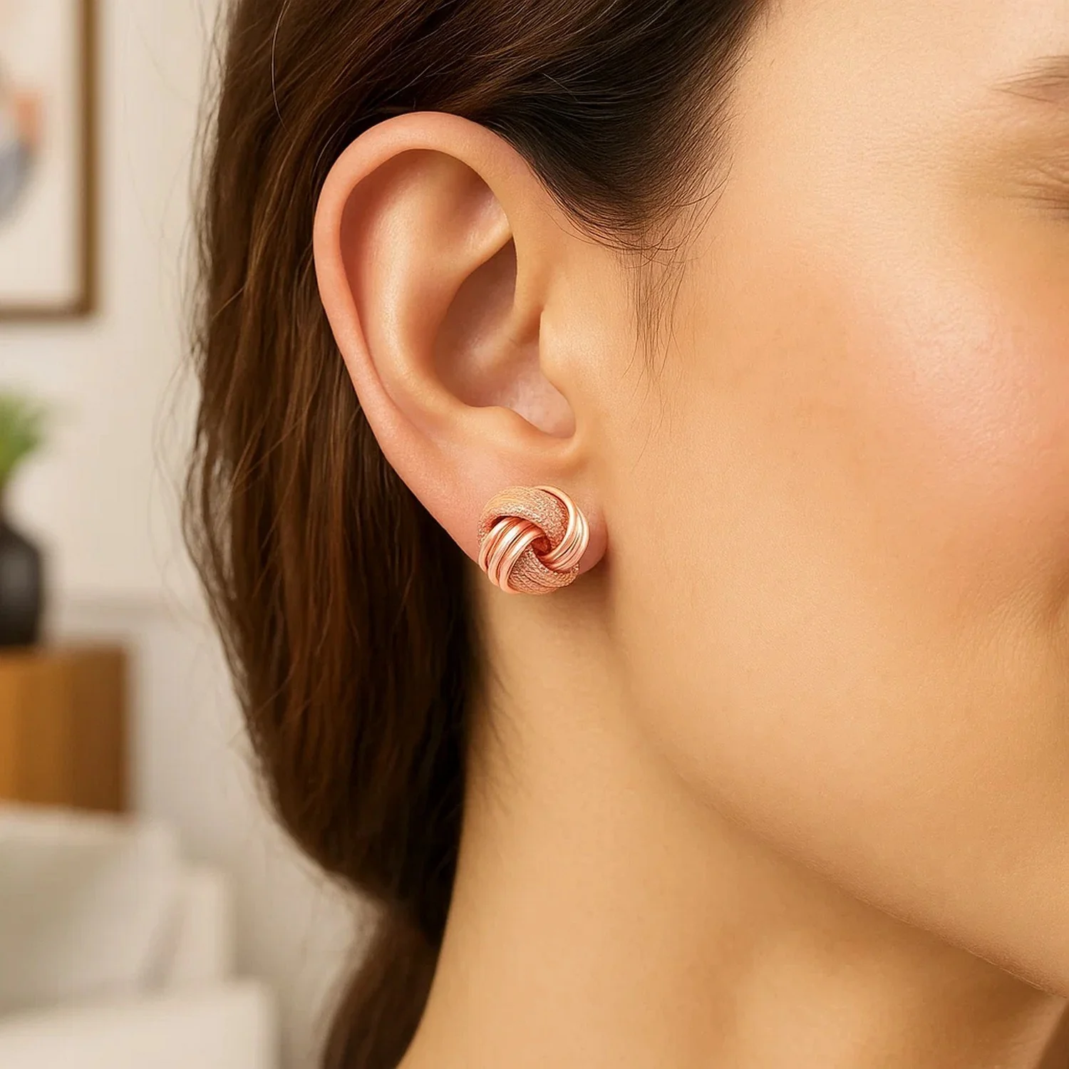 14k Rose Gold Love Knot with Ridge Texture Earrings - Image 5