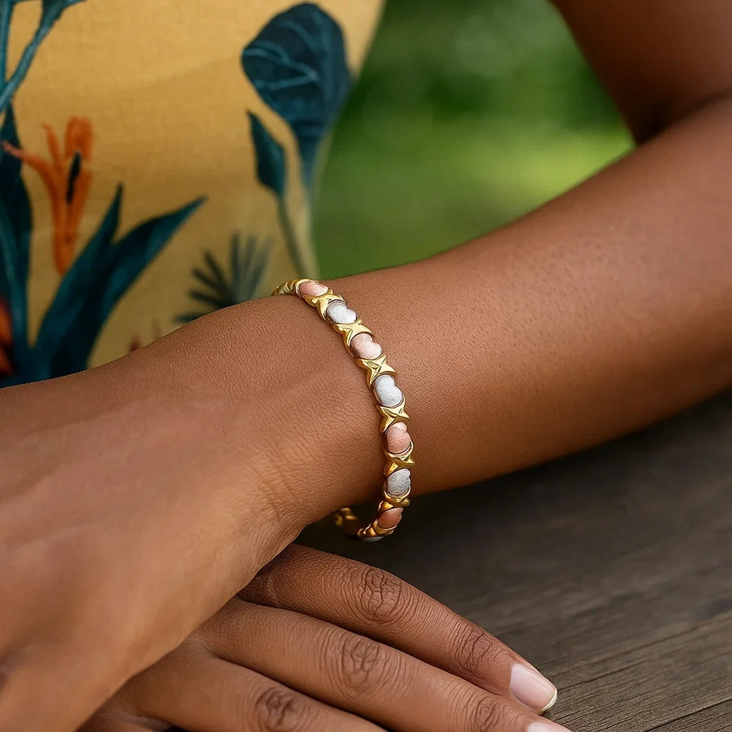 14k Tri-Color Gold Fancy Satin Heart Line Bracelet - Image 6