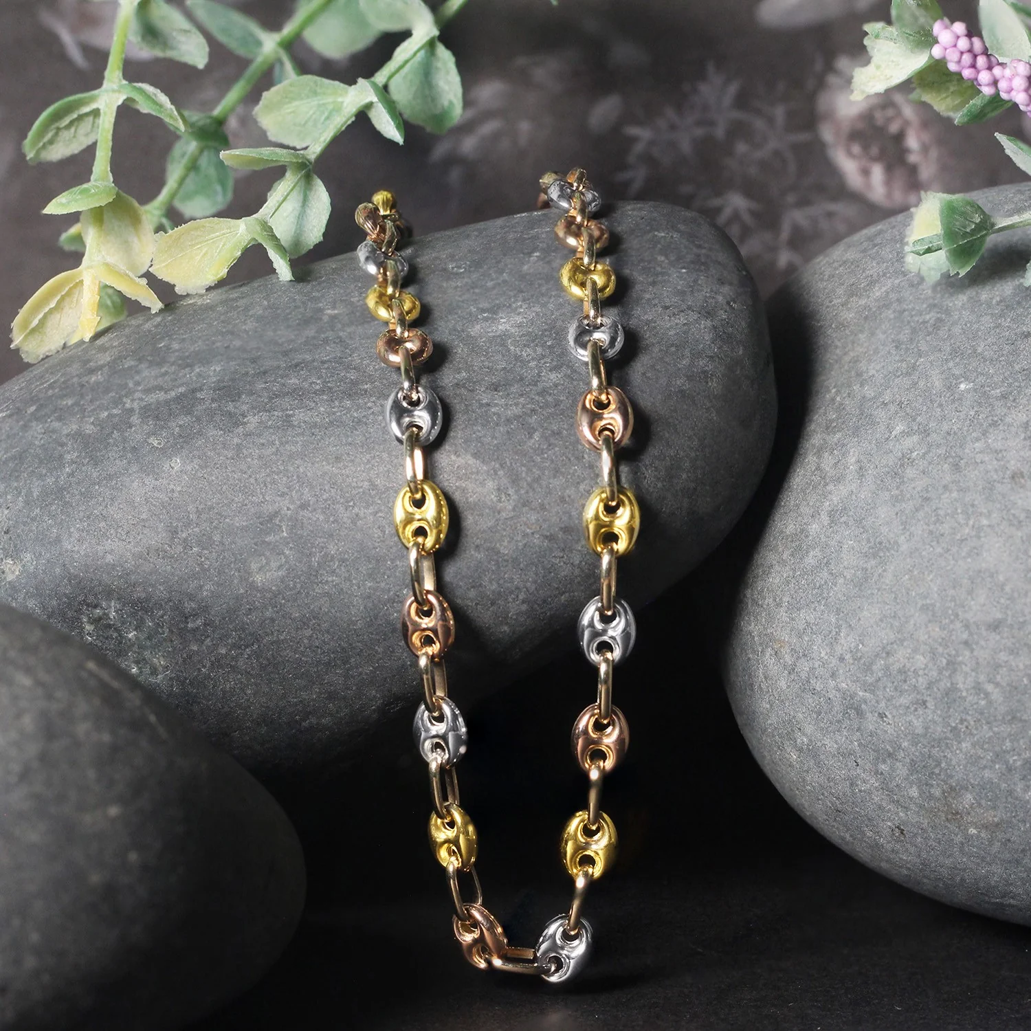 14k Tri Color Gold High Polish Puffed Mariner Link Chain (4.9mm) - Image 11