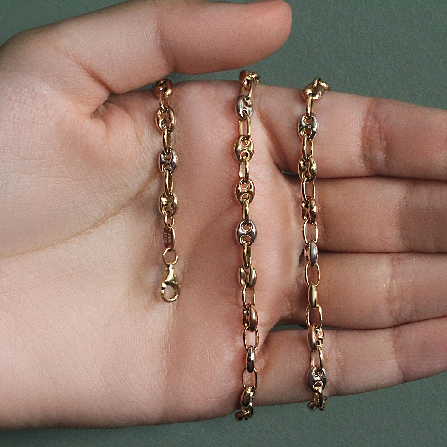 14k Tri Color Gold High Polish Puffed Mariner Link Chain (4.9mm) - Image 25