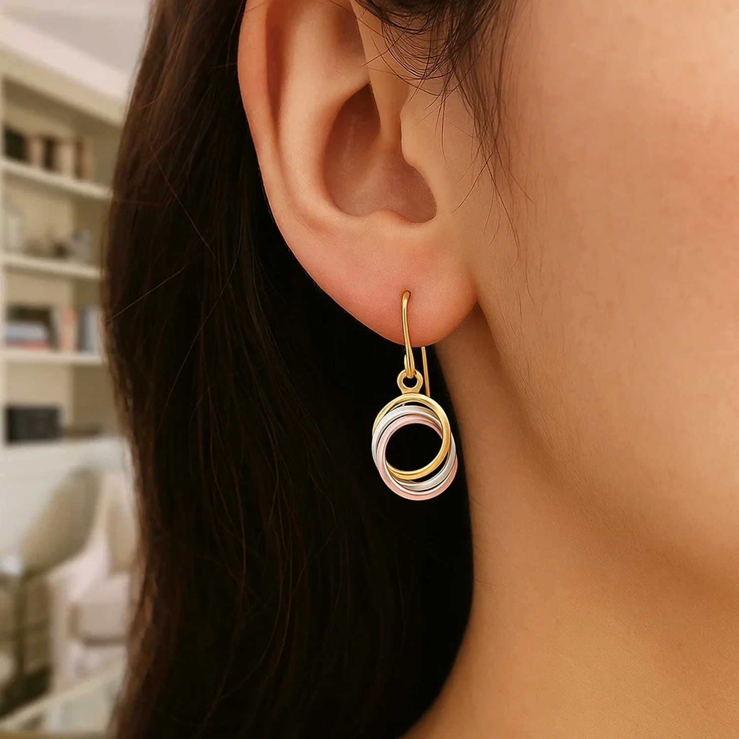 14k Tri-Color Gold Open Entwined Ring Earrings - Image 2