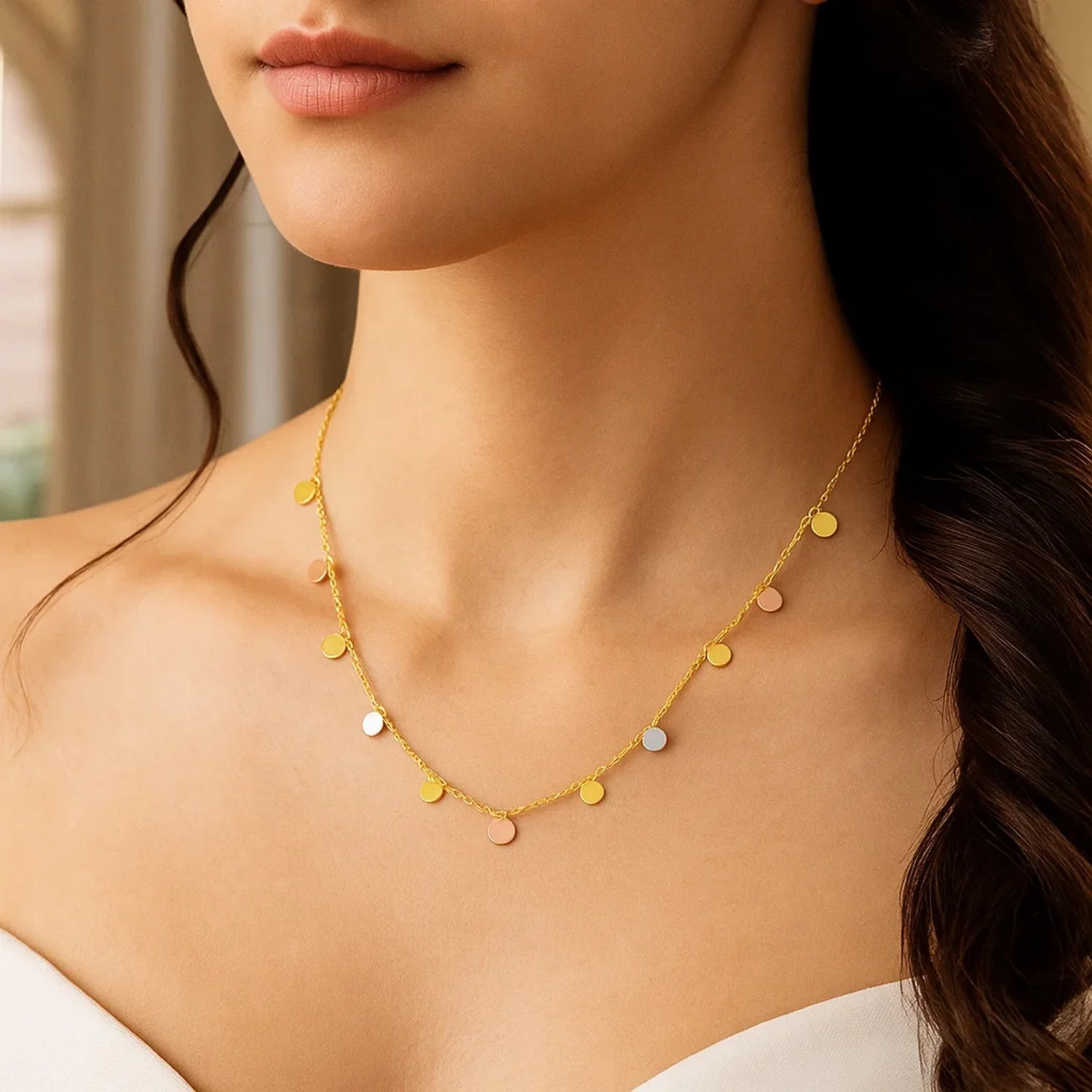 14K Tri Color Necklace with Dangling Circles - Image 2