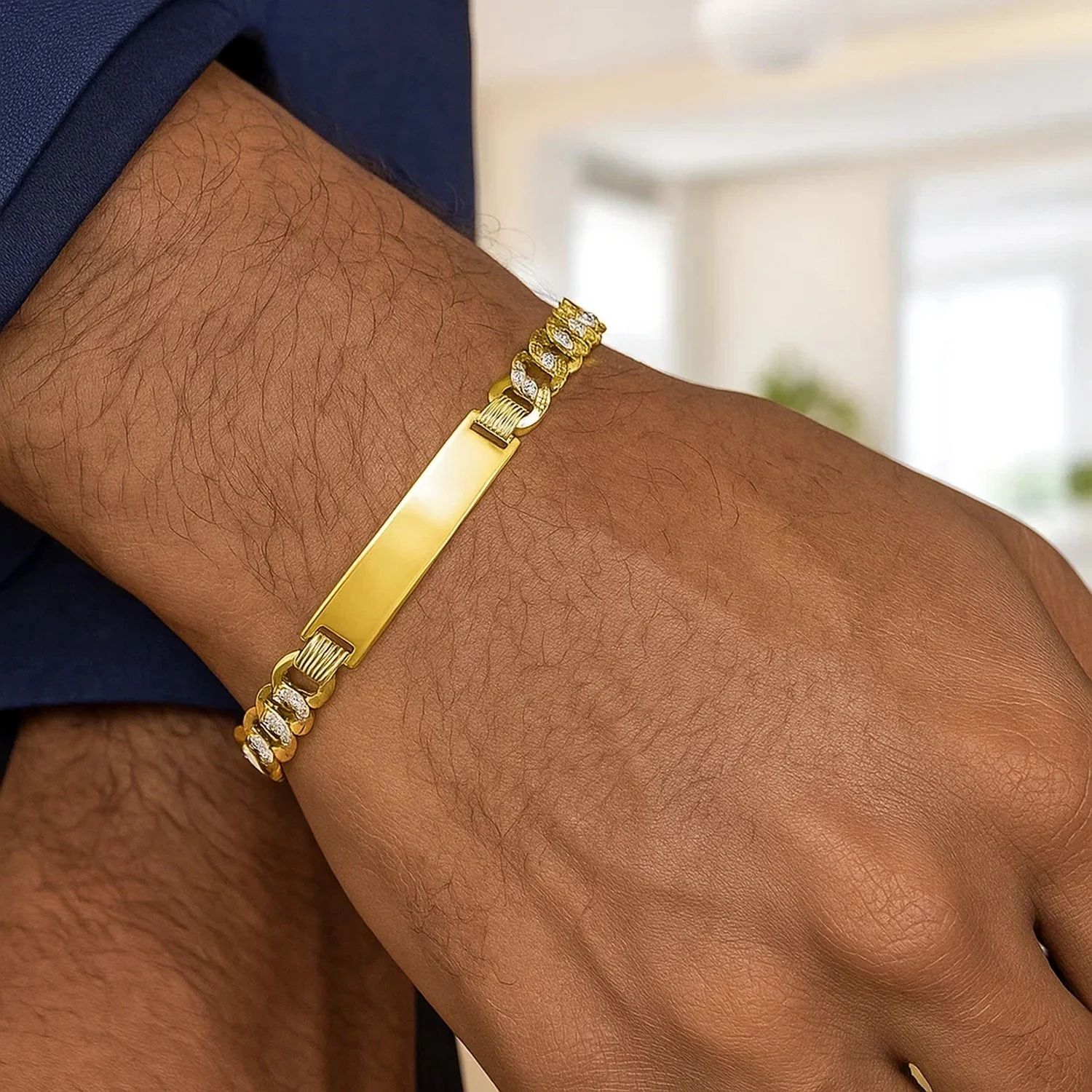 14k Two Tone Gold 8 1/2 inch Mens Curb Chain ID Bracelet with White Pave - Image 2
