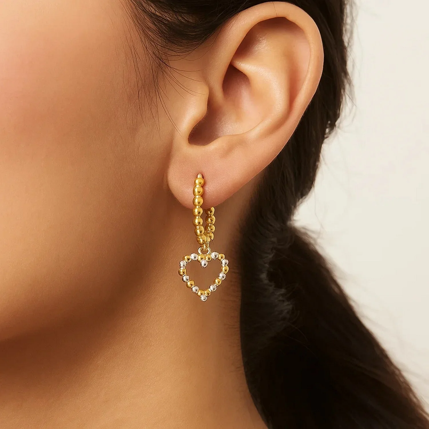 14k Two Tone Gold Beaded Hoop Earrings with Hearts - Image 3
