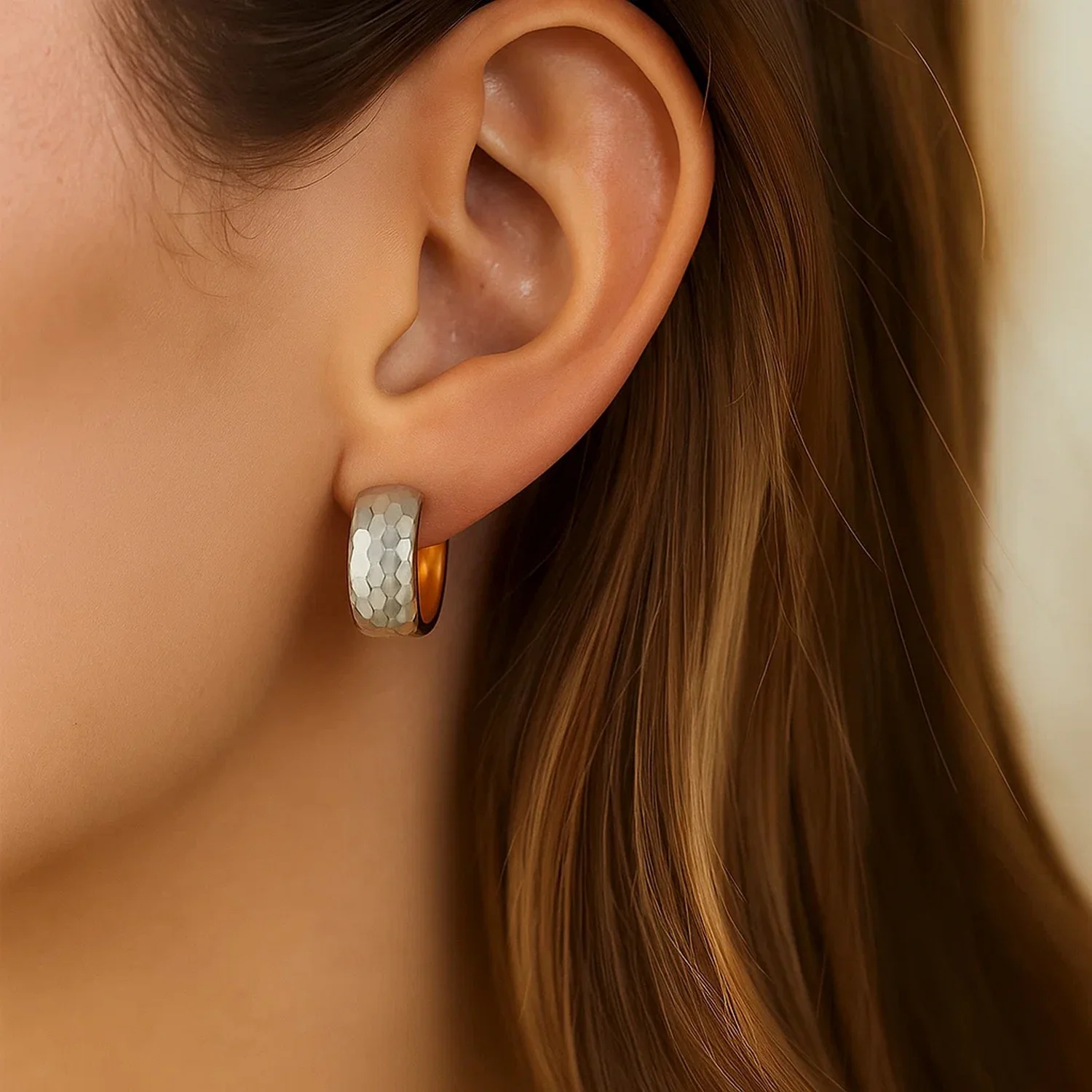 14k Two-Tone Gold Diamond Cut and Interlaced Style Hoop Earrings - Image 2