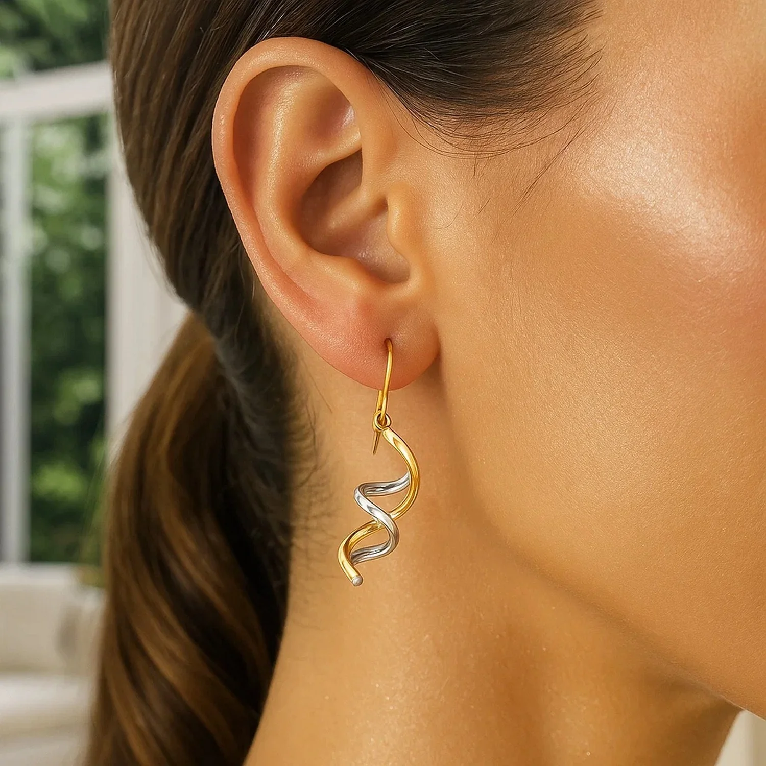 14k Two Tone Gold Double Helix Polished Dangling Earrings - Image 2