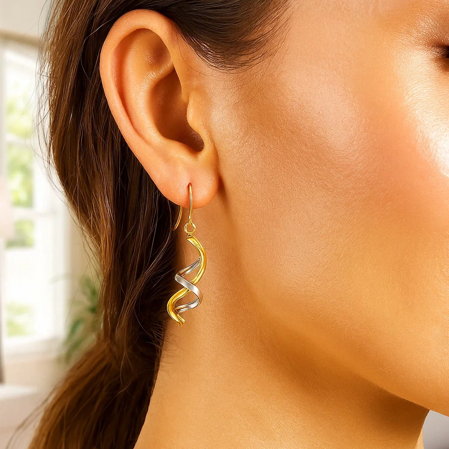 14k Two Tone Gold Double Helix Polished Dangling Earrings - Image 3