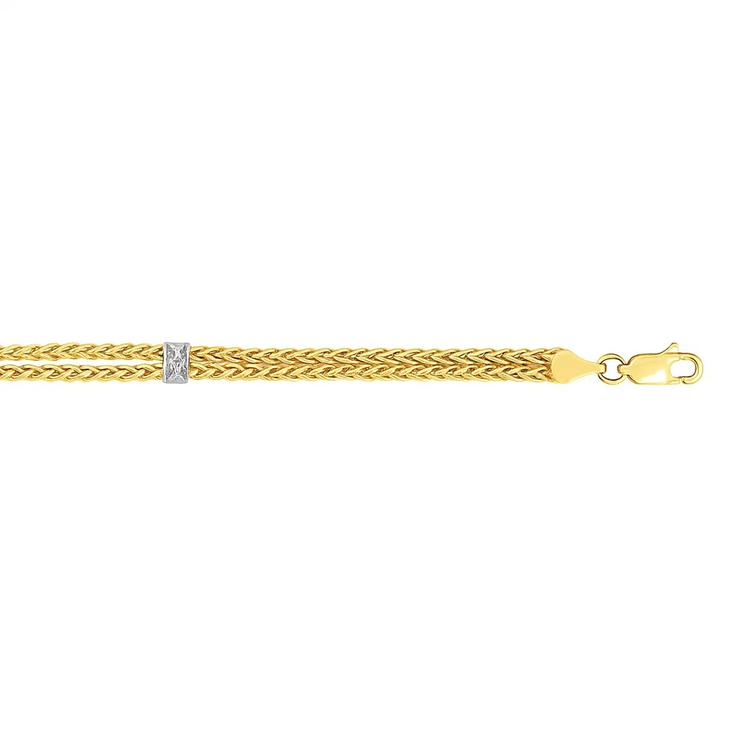 14k Two-Tone Gold Dual Wheat Chain Bracelet with Diamond Stations (.02 cttw) - Image 3