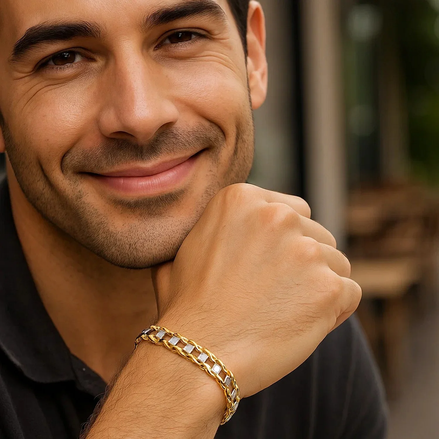14k Two-Tone Gold Men's Bracelet with S Style Bar Links - Image 3