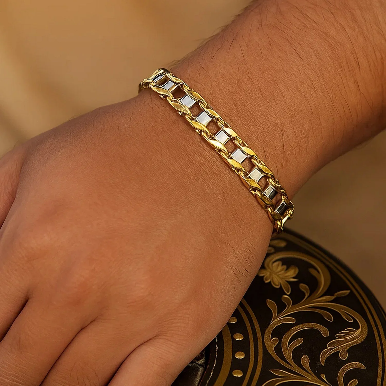 14k Two-Tone Gold Men's Bracelet with S Style Bar Links - Image 4
