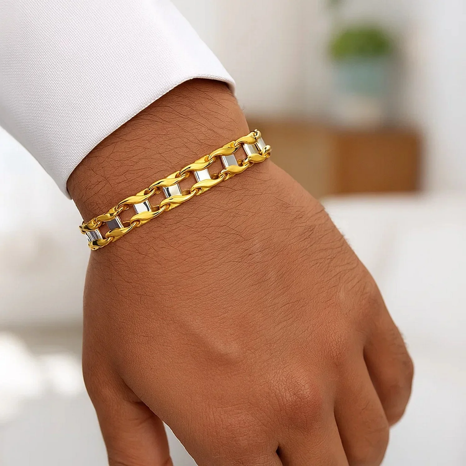 14k Two-Tone Gold Men's Bracelet with S Style Bar Links - Image 5