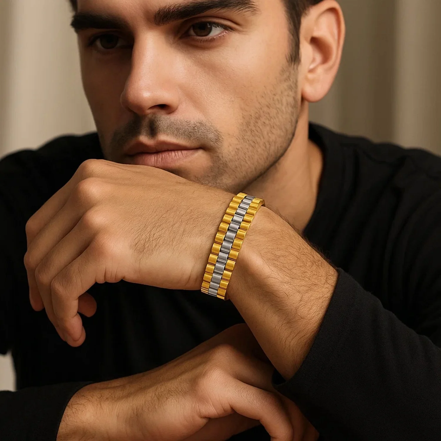 14k Two Tone Gold Mens Panther Link Bracelet - Image 3