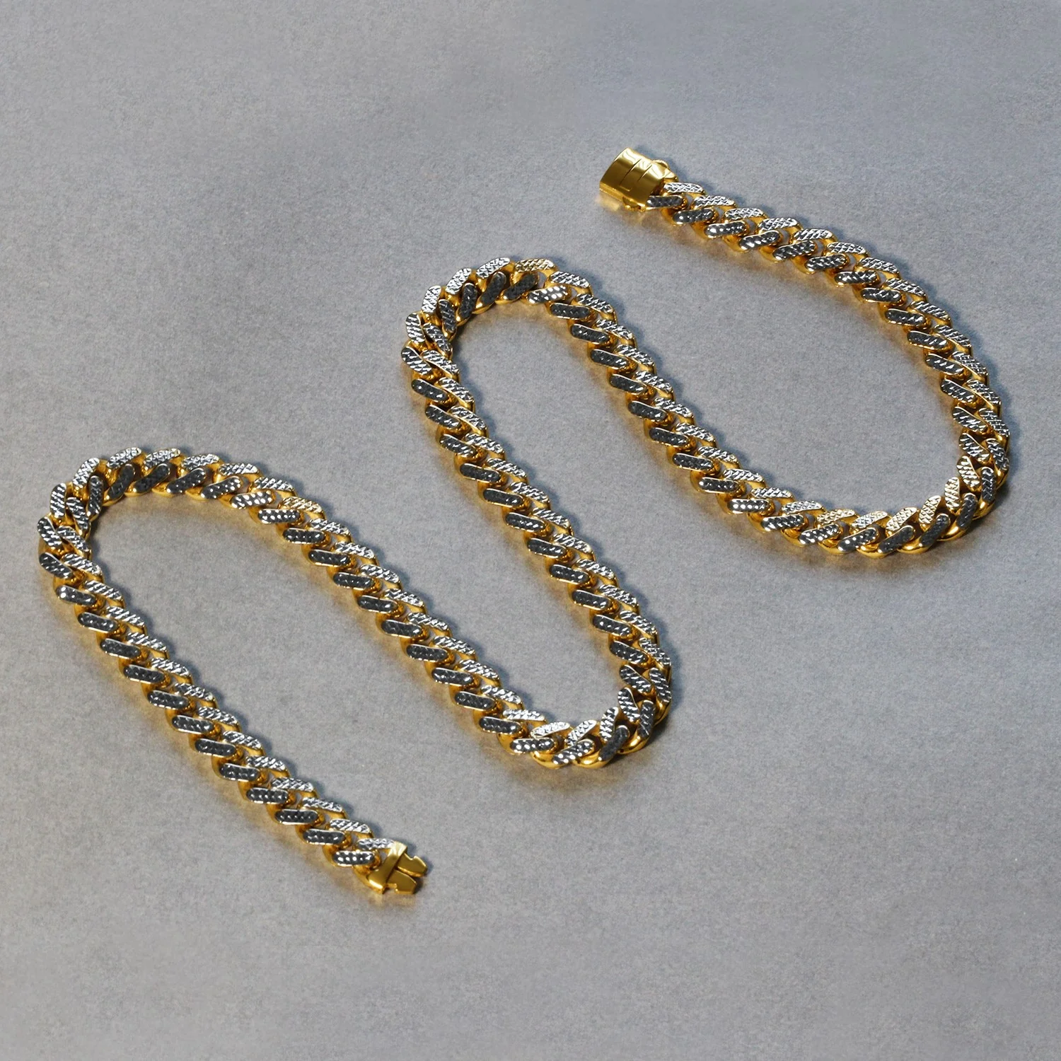 14k Two Tone Gold Miami Cuban Chain Necklace with White Pave - Image 2