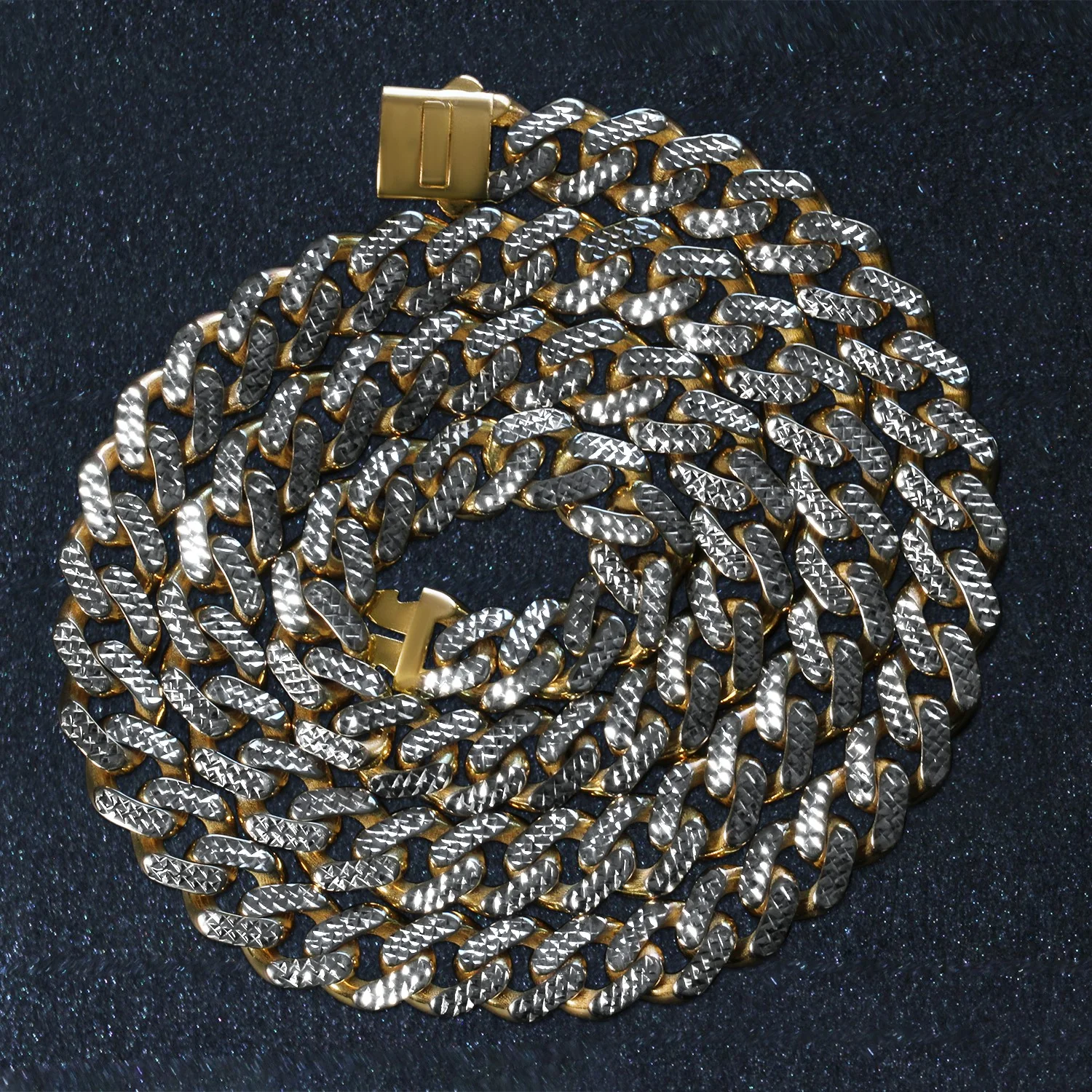 14k Two Tone Gold Miami Cuban Chain Necklace with White Pave - Image 3
