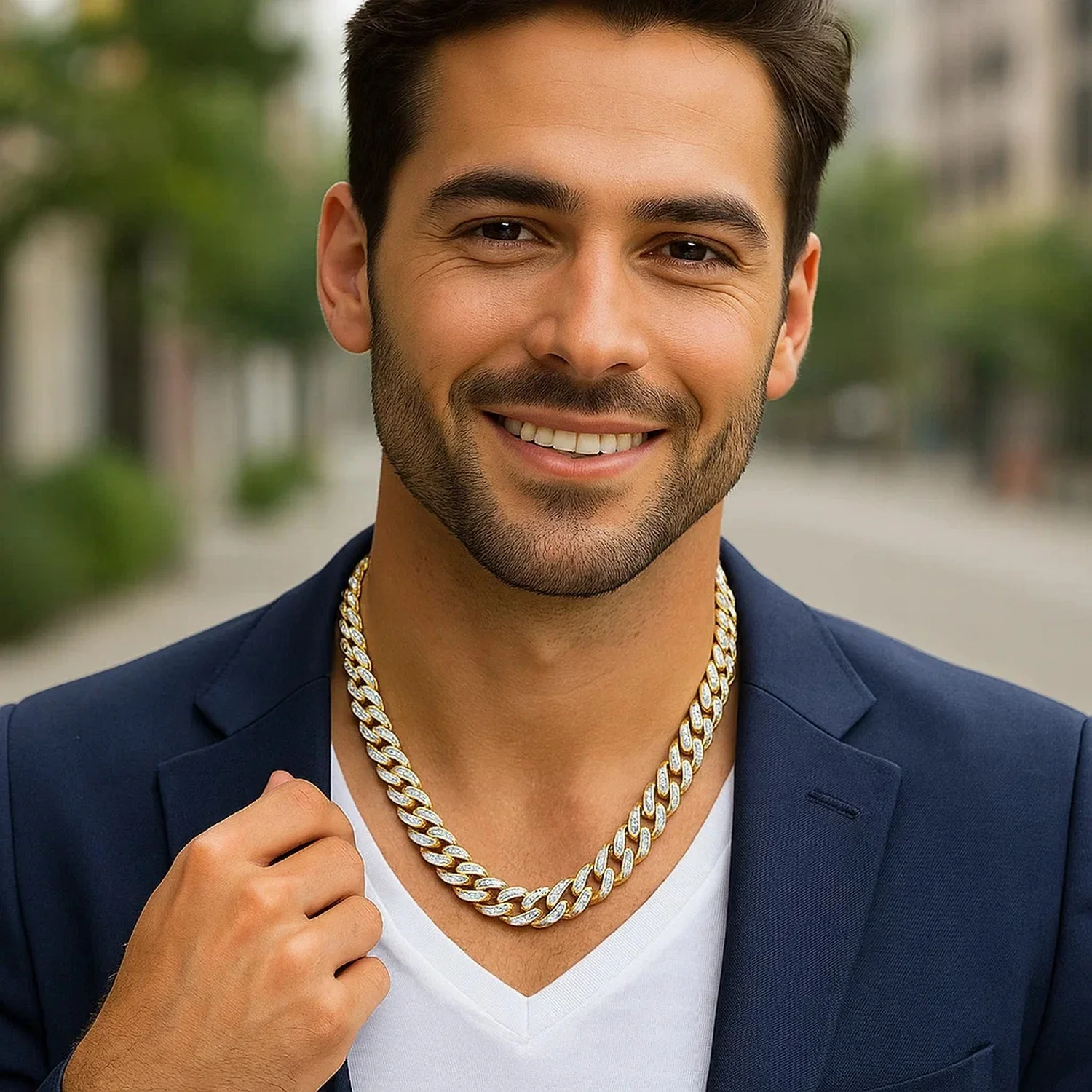 14k Two Tone Gold Miami Cuban Chain Necklace with White Pave - Image 4