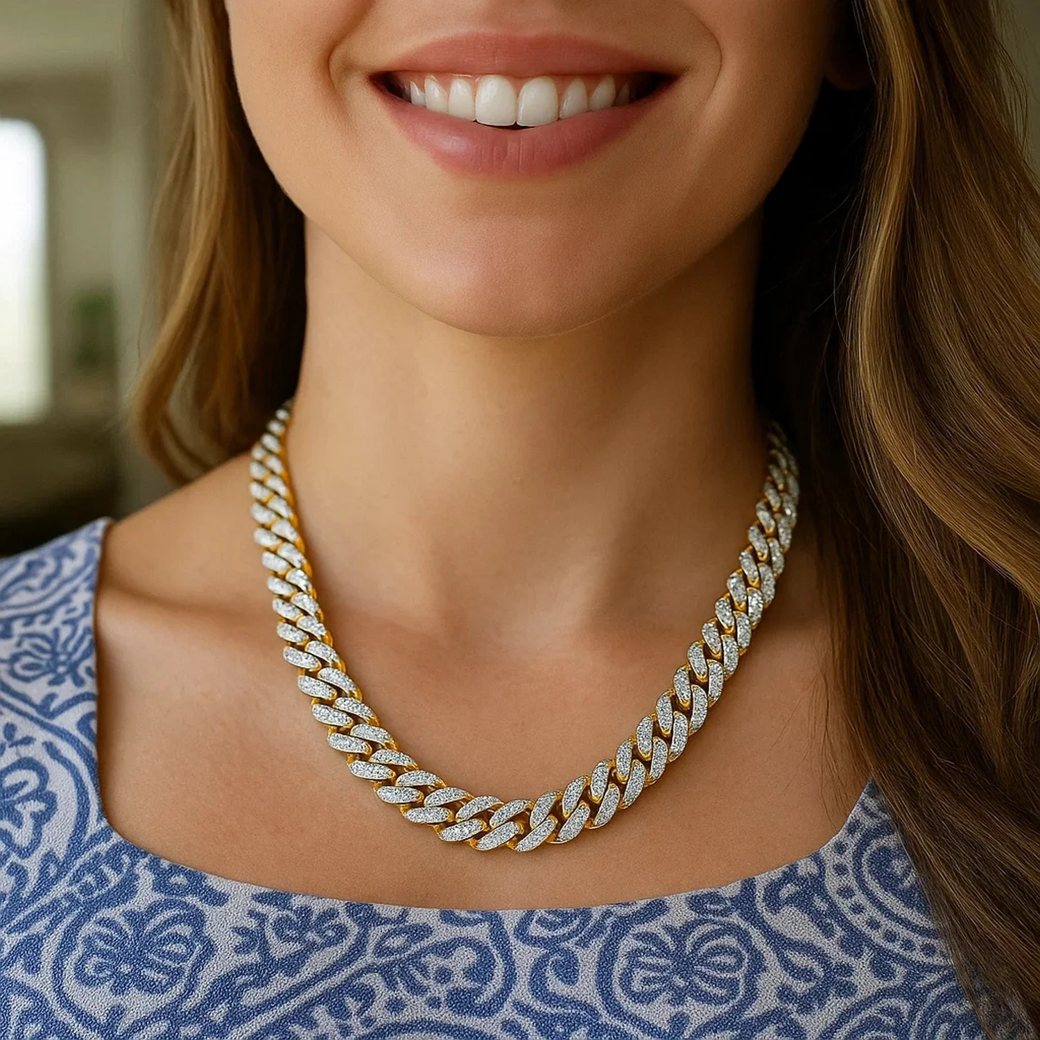 14k Two Tone Gold Miami Cuban Chain Necklace with White Pave - Image 5