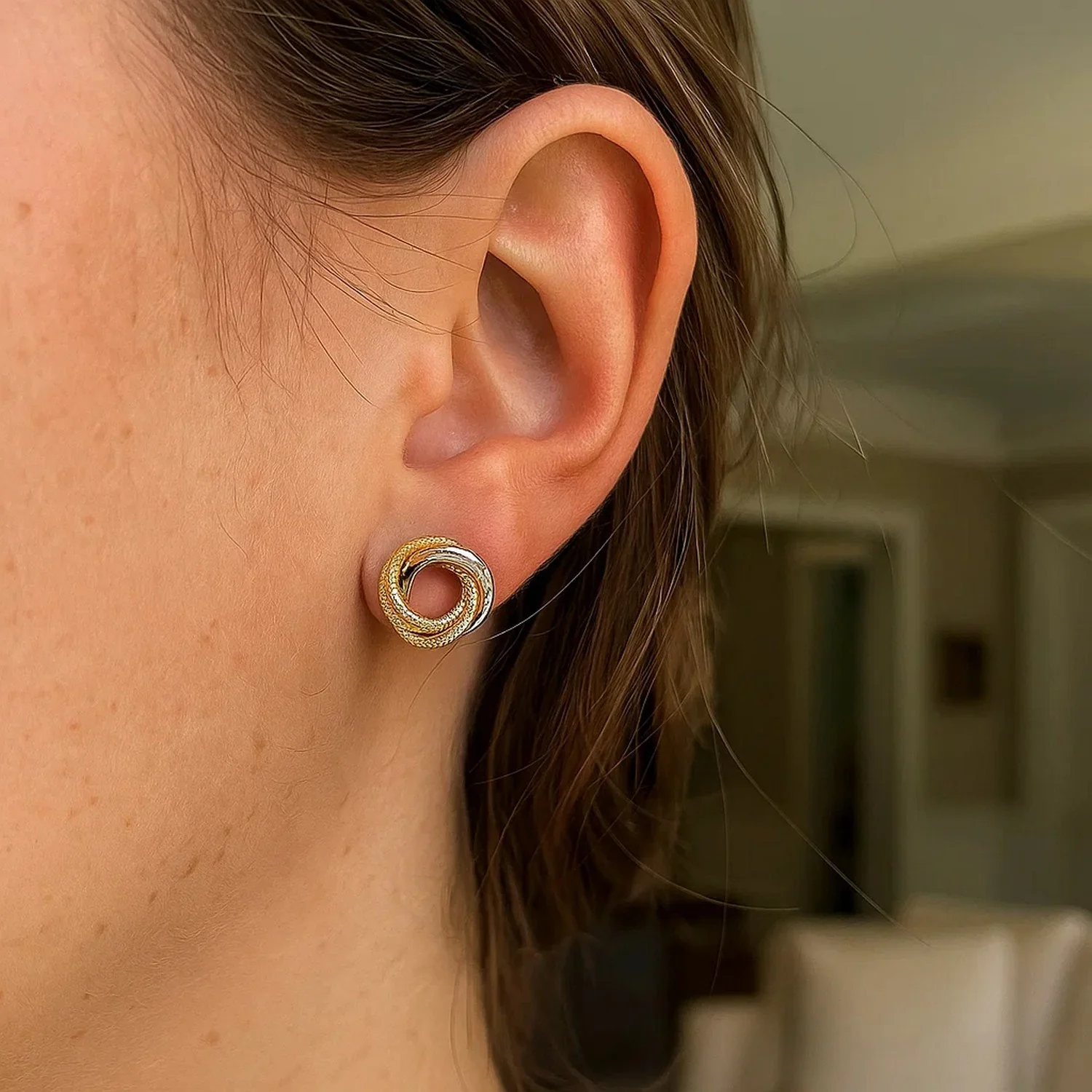 14k Two-Tone Gold Multi-Textured Open Circle Style Entwined Earrings - Image 4