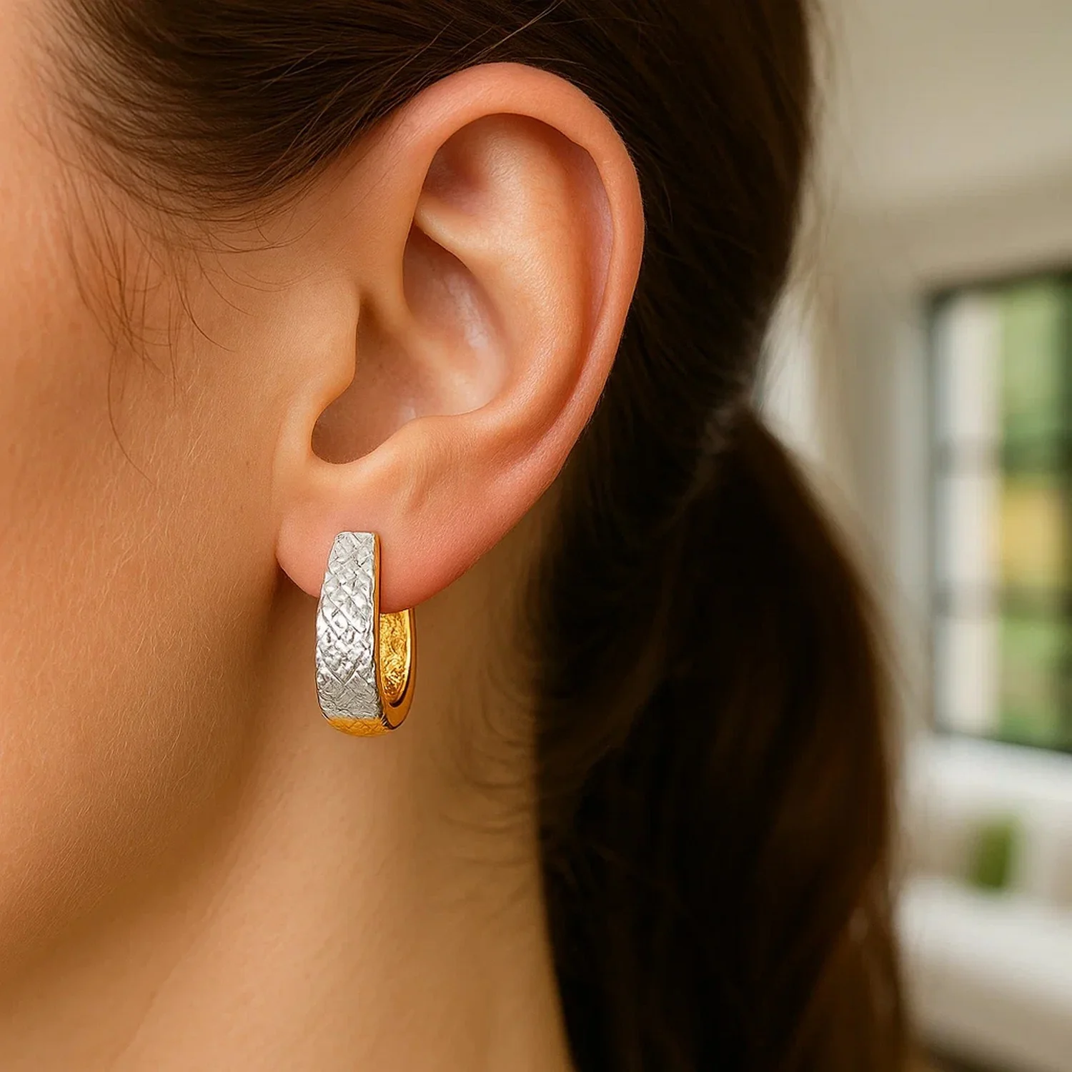 14k Two-Tone Gold Oval Diamond Cut Textured Earrings - Image 3
