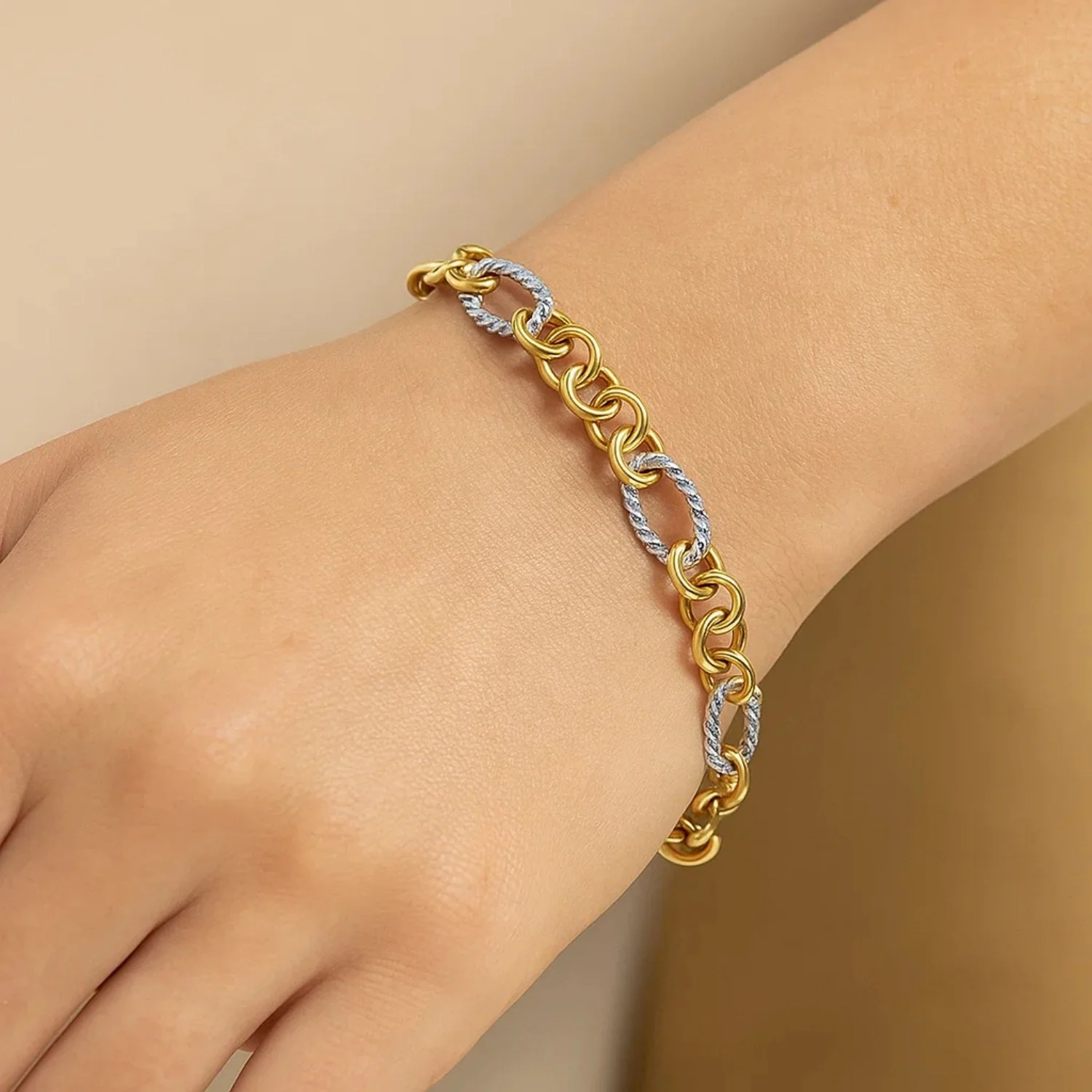 14k Two-Tone Gold Rope Motif Oval and Round Link Chain Bracelet - Image 4