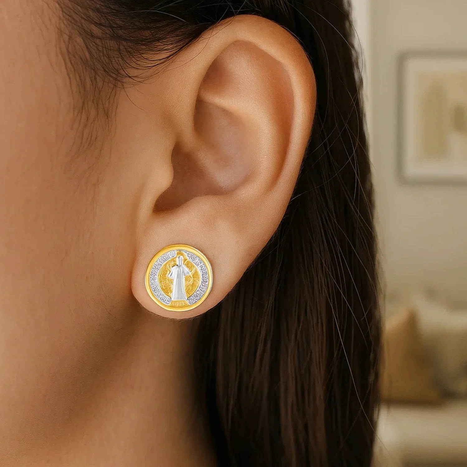 14k Two Tone Gold Round Religious Medal Post Earrings - Image 2