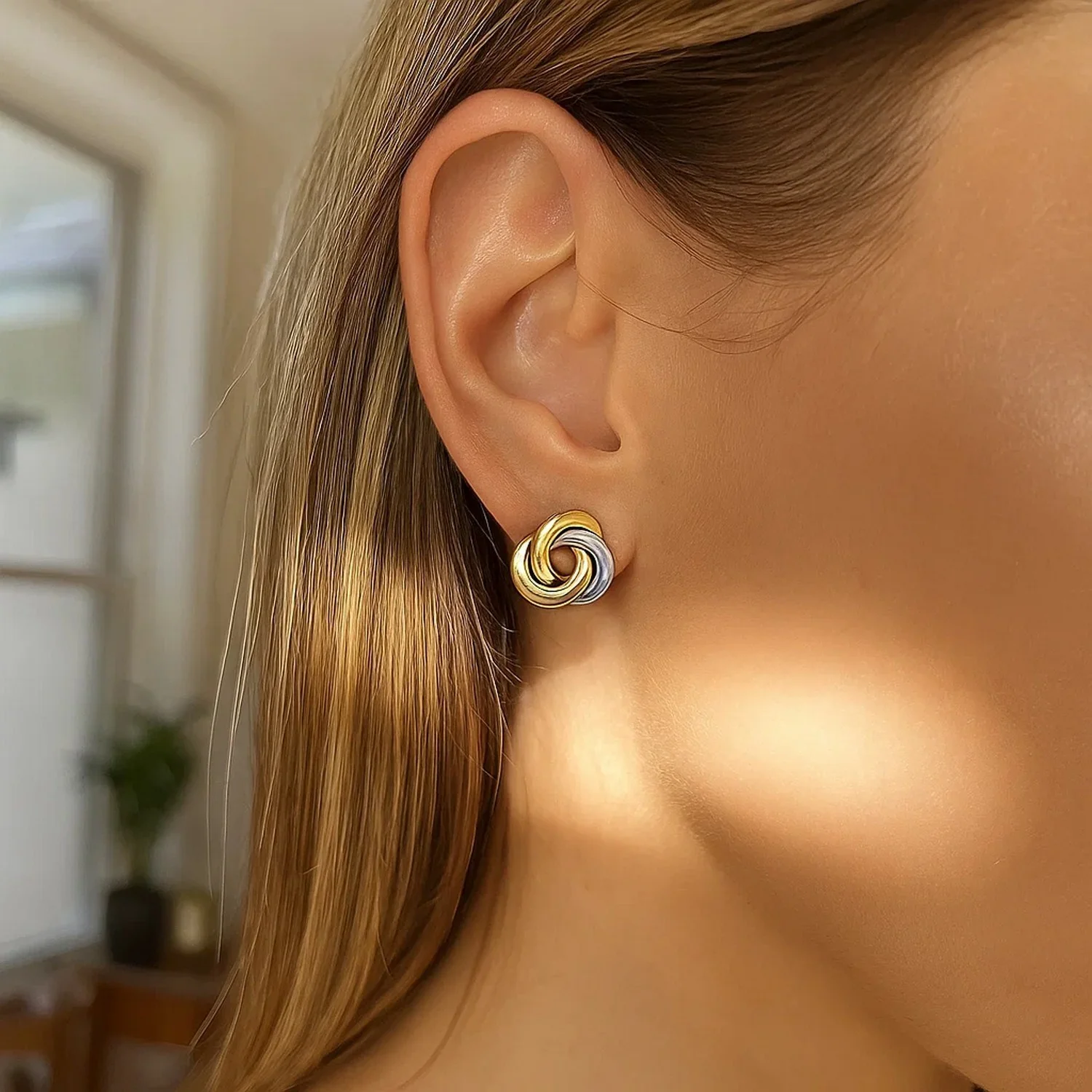 14k Two-Tone Gold Shiny Intertwined Love-Knot Earrings - Image 3