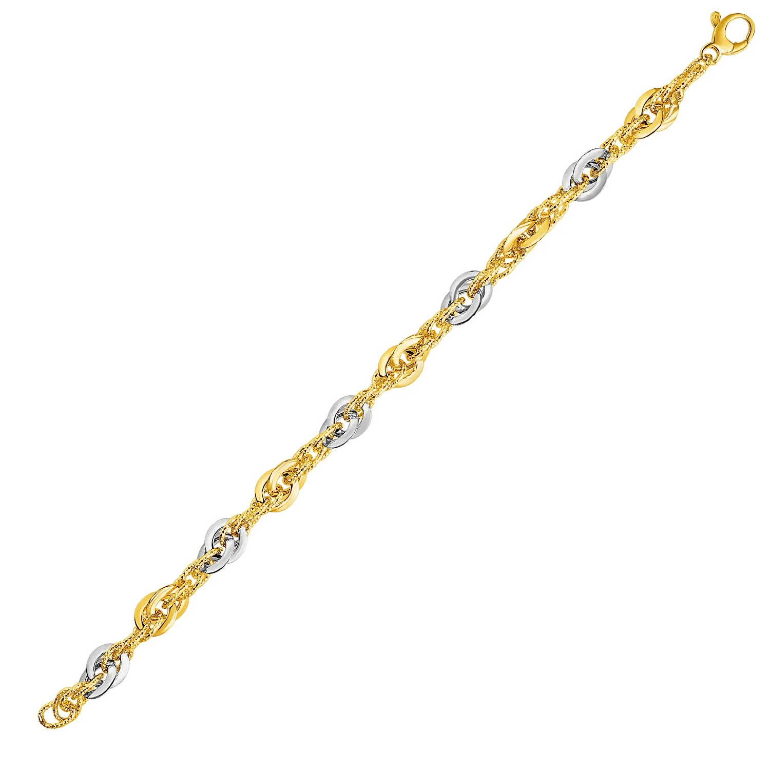 14k Two-Tone Yellow and White Gold Double Link Textured Bracelet - Image 2