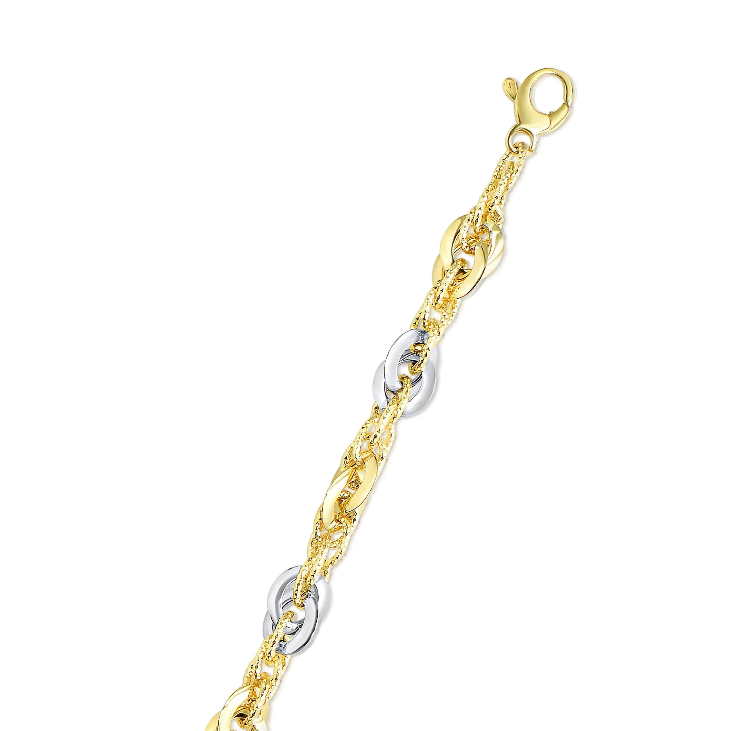 14k Two-Tone Yellow and White Gold Double Link Textured Bracelet - Image 4
