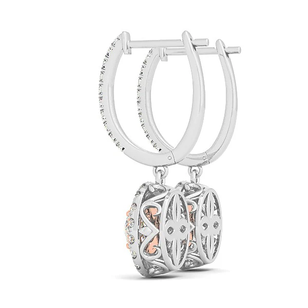 14k White And Rose Gold Drop Diamond Earrings with a Halo Design (3/4 cttw) - Image 2