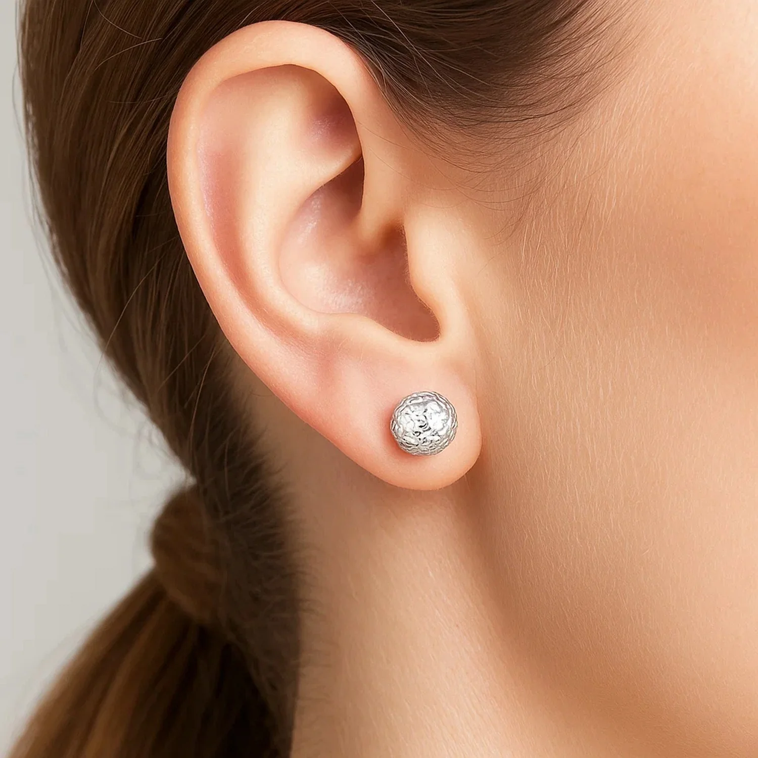 14k White Gold Ball Earrings with Crystal Cut Texture - Image 2