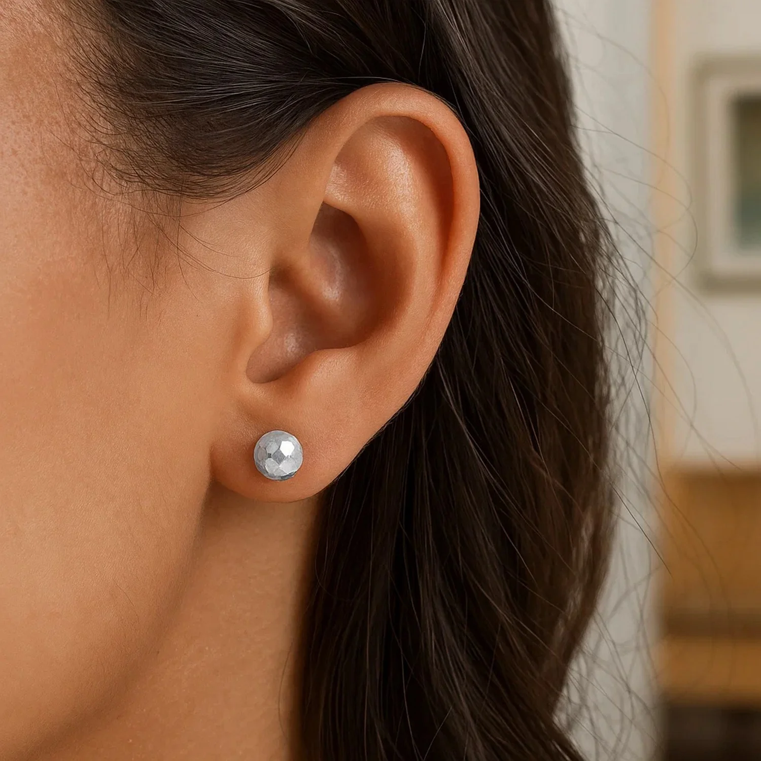 14k White Gold Ball Earrings with Faceted Texture - Image 4