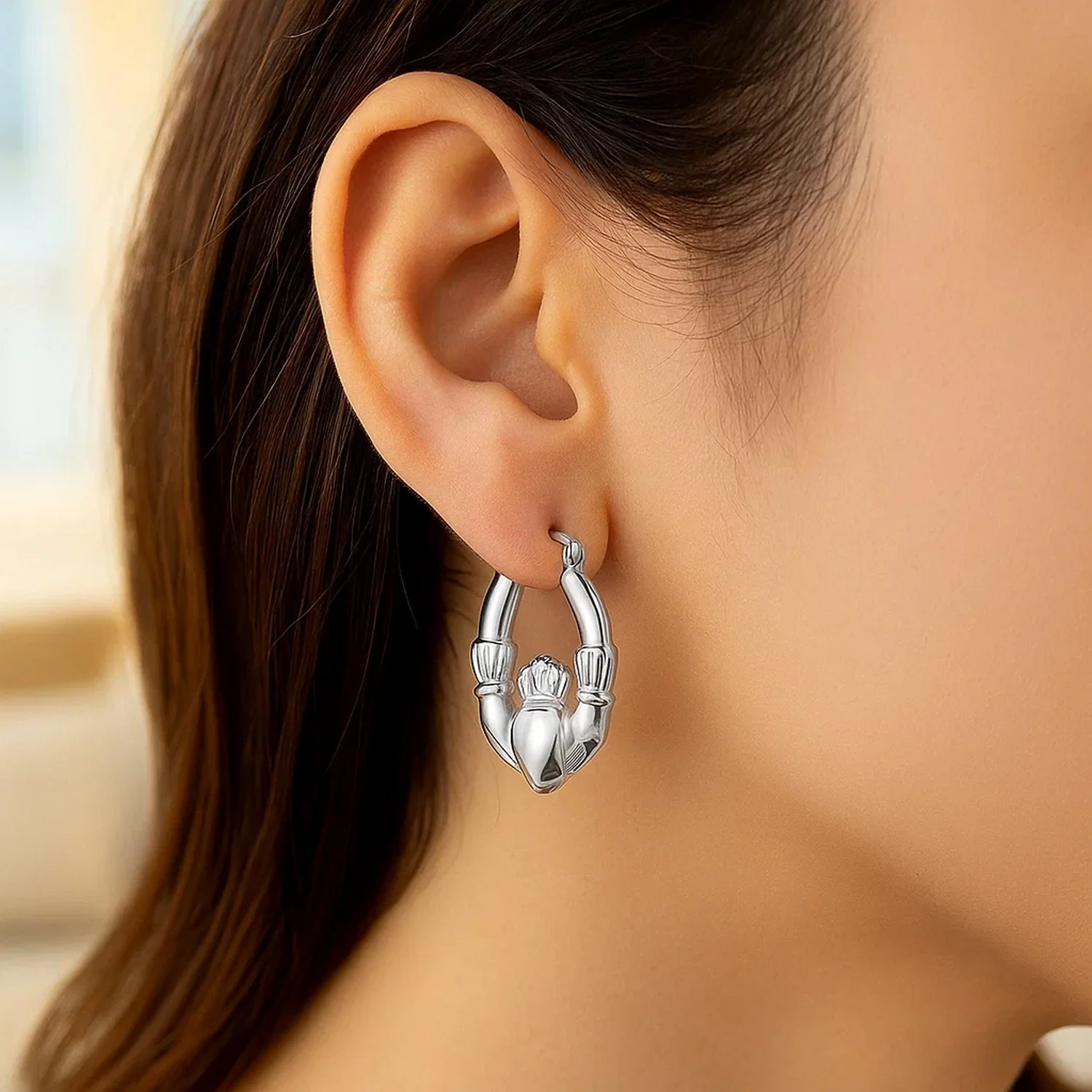 14K White Gold Claddagh Symbol Hoop Earrings - Image 2