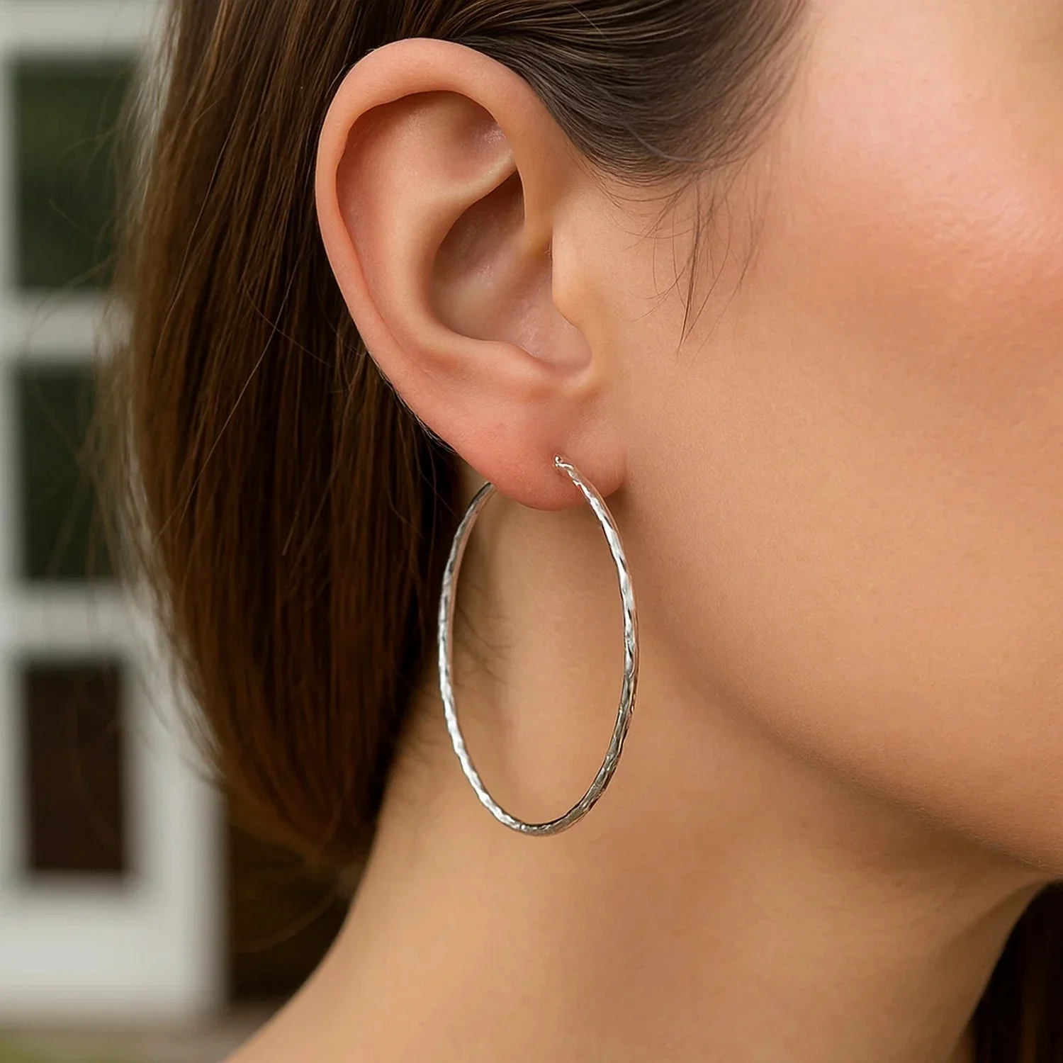 14k White Gold Diamond Cut Hoop Earrings (1 3/4 inch Diameter) - Image 3