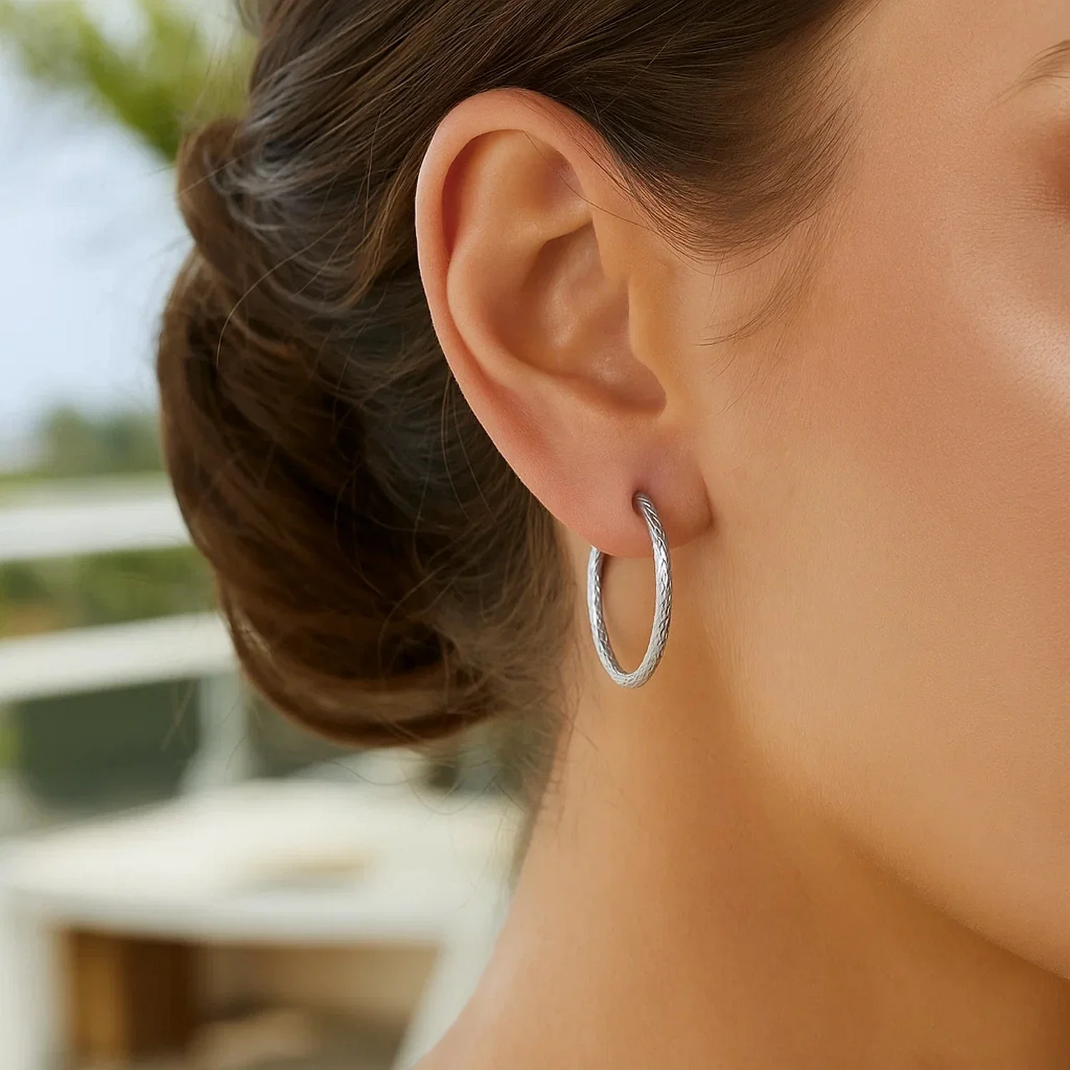 14k White Gold Diamond Cut Hoop Earrings  (25mm Diameter) - Image 3