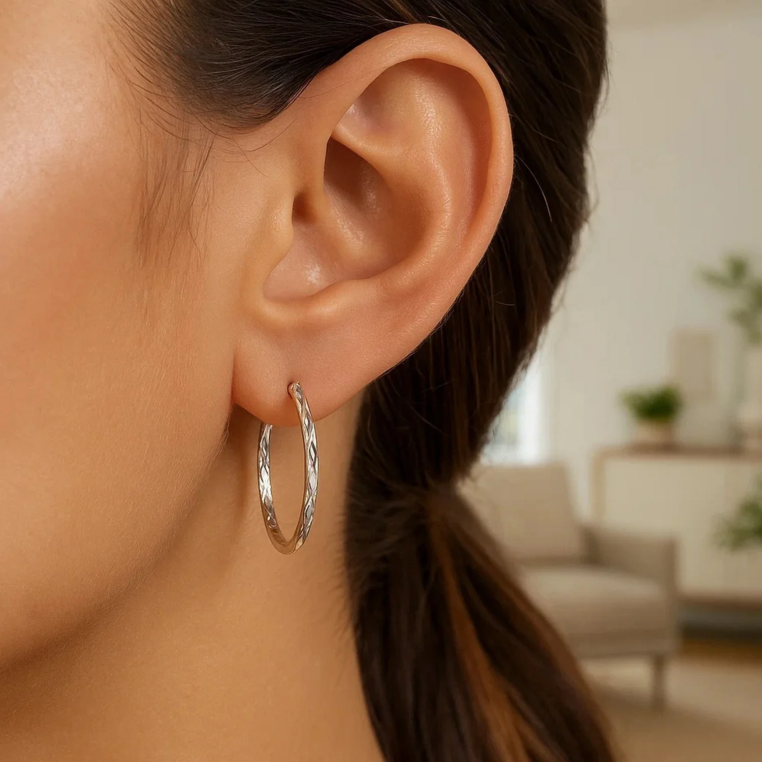 14k White Gold Diamond Cut Hoop Earrings - Image 2