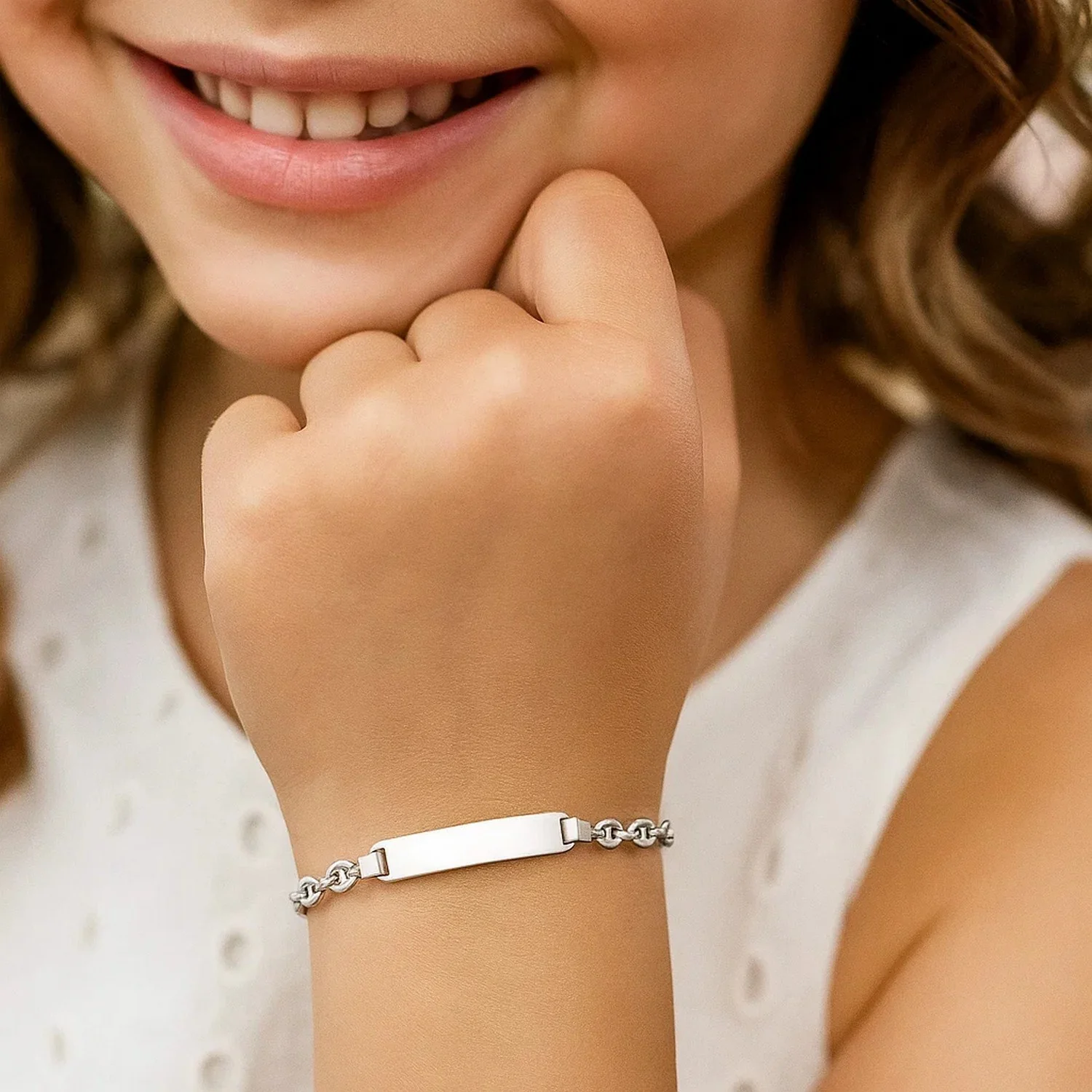 14k White Gold Figaro Chain Fancy Children's ID Bracelet - Image 3