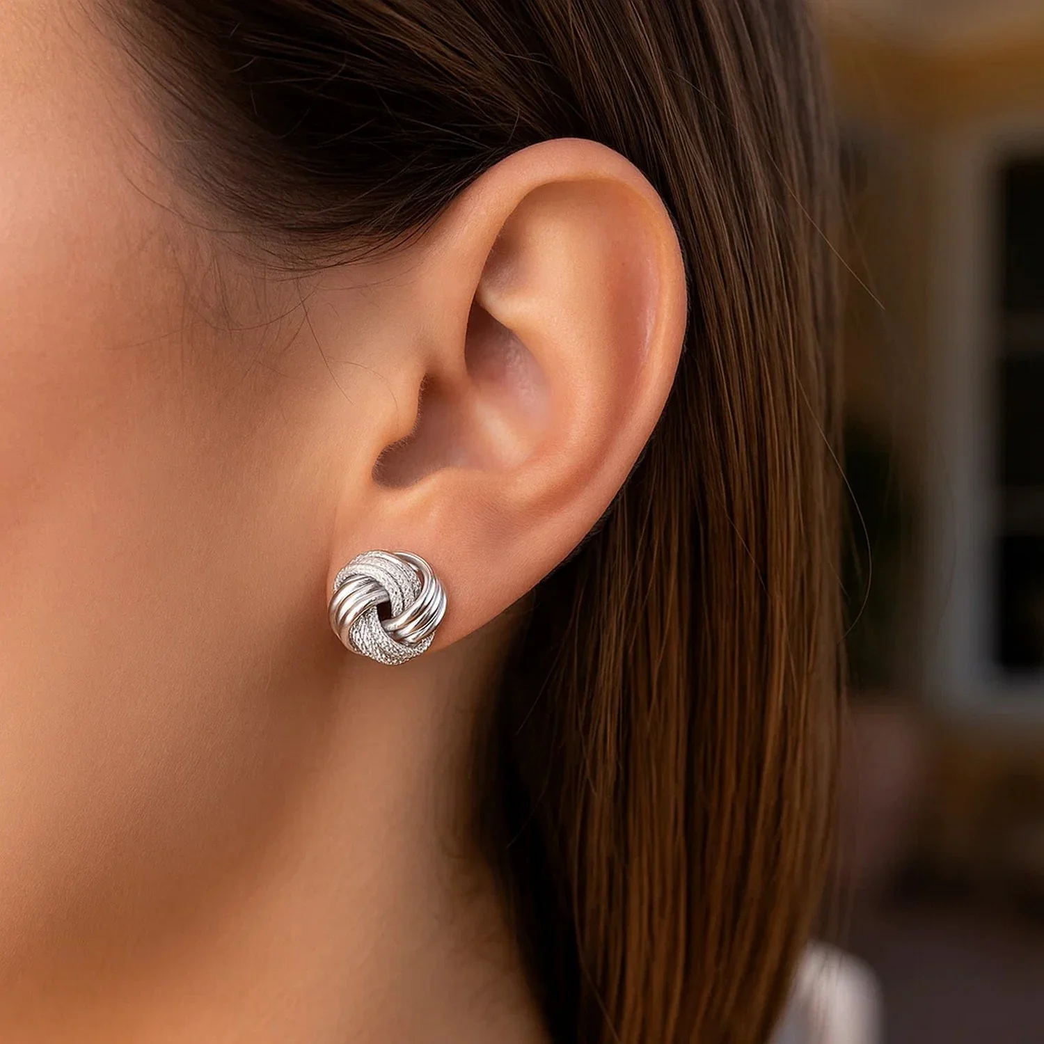 14k White Gold Love Knot with Ridge Texture Earrings - Image 5