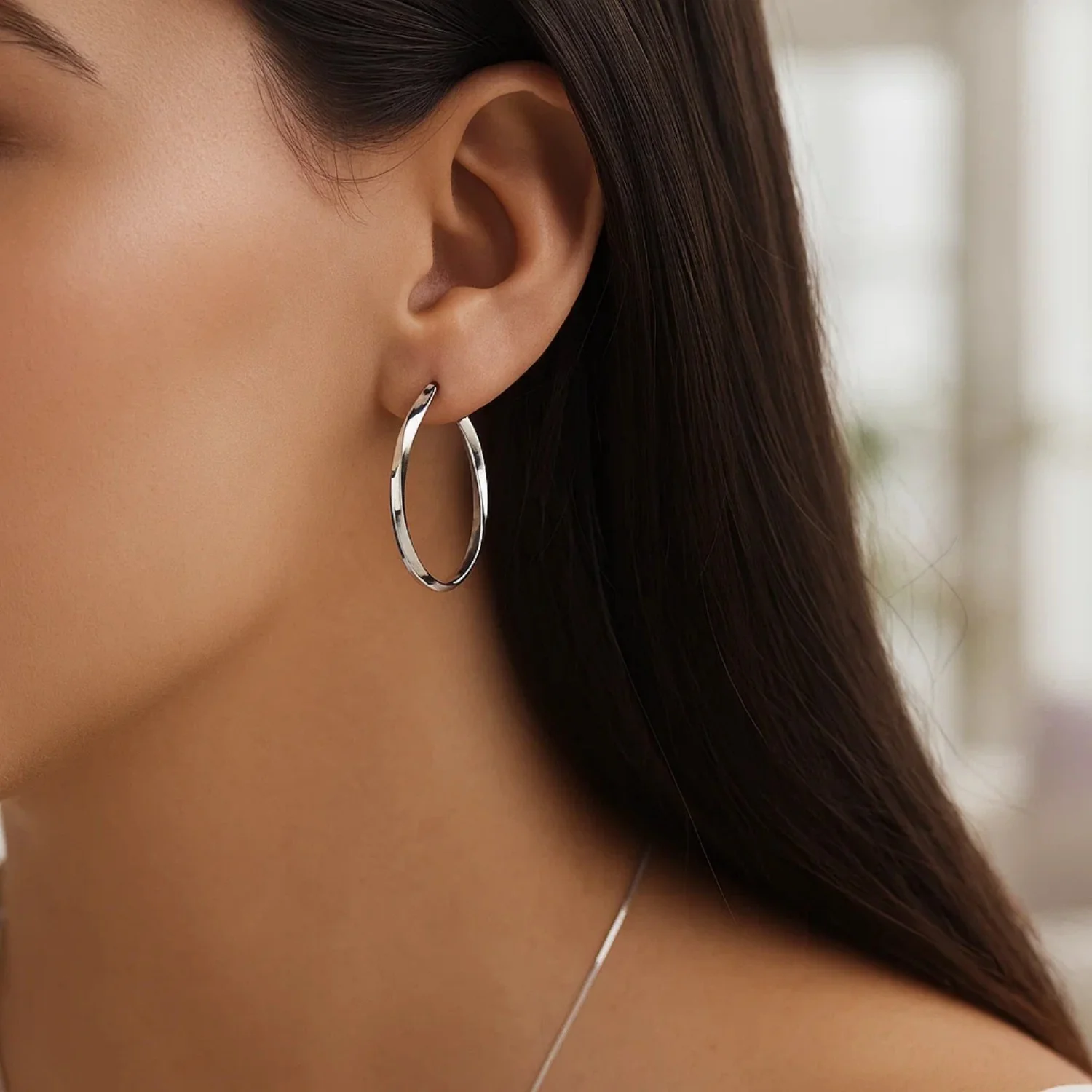 14k White Gold Mobius Twisted Hoop Earrings - Image 2