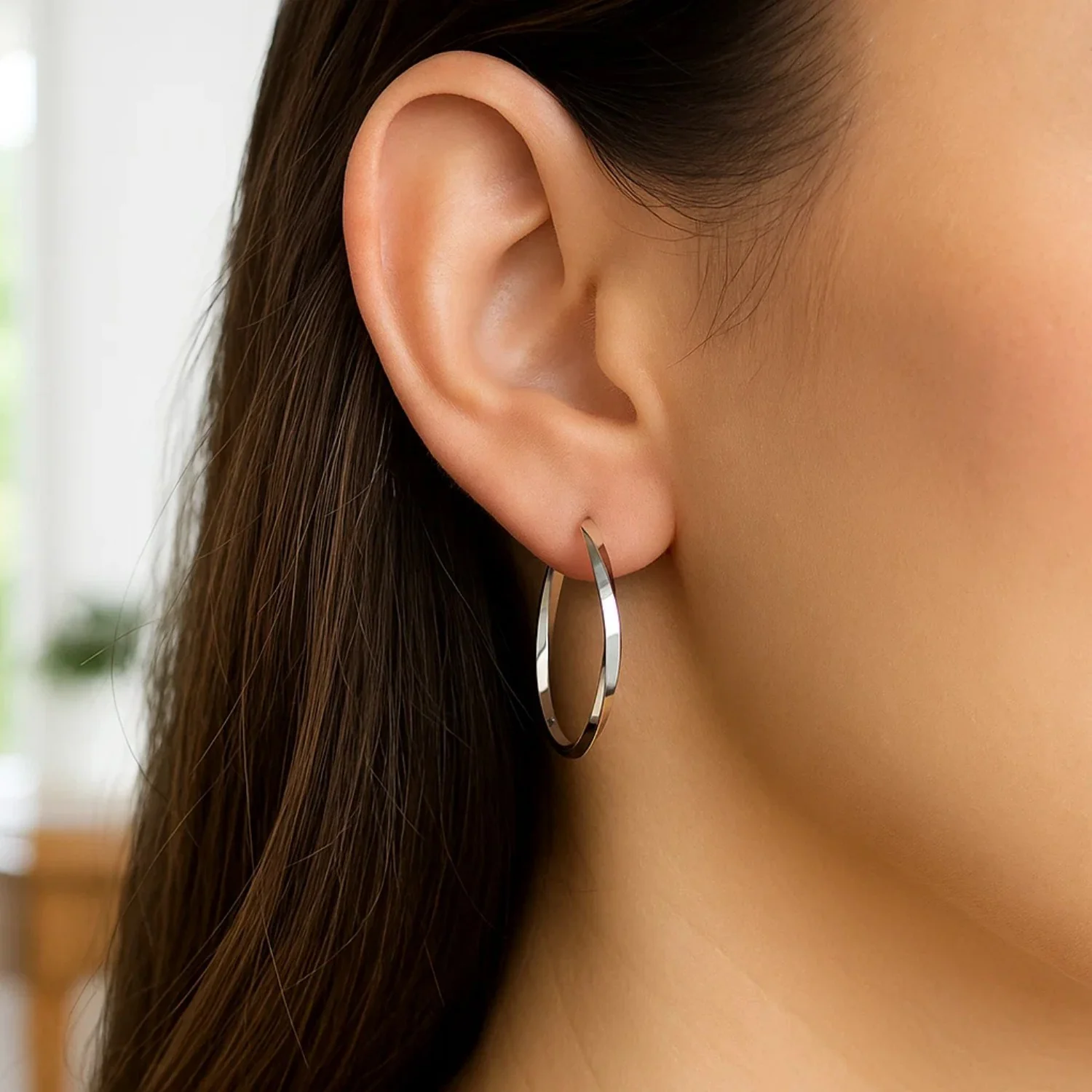 14k White Gold Mobius Twisted Hoop Earrings - Image 3