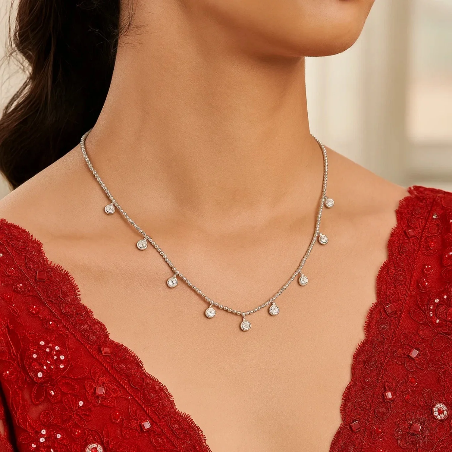 14k White Gold Necklace with Round Diamond Charms - Image 22