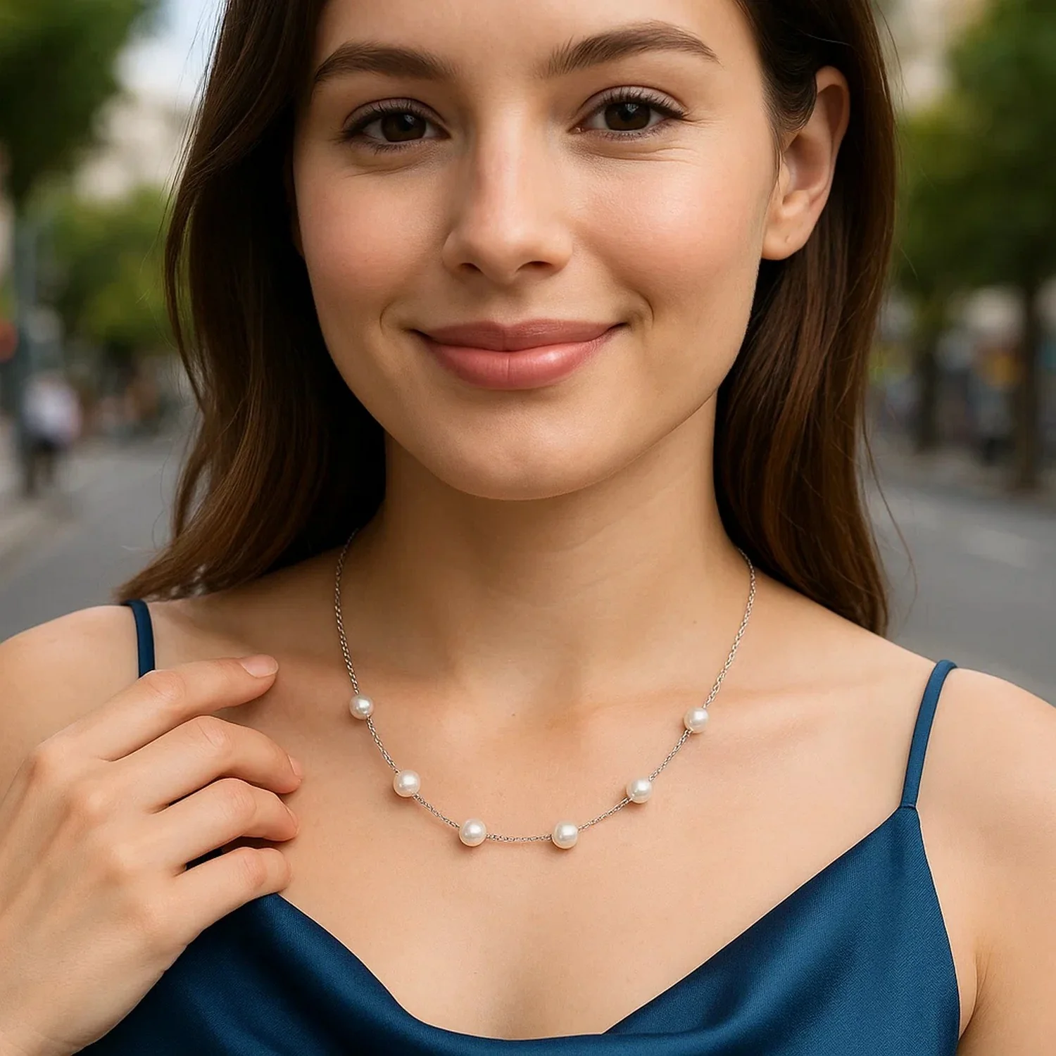 14k White Gold Necklace with White Pearls - Image 4