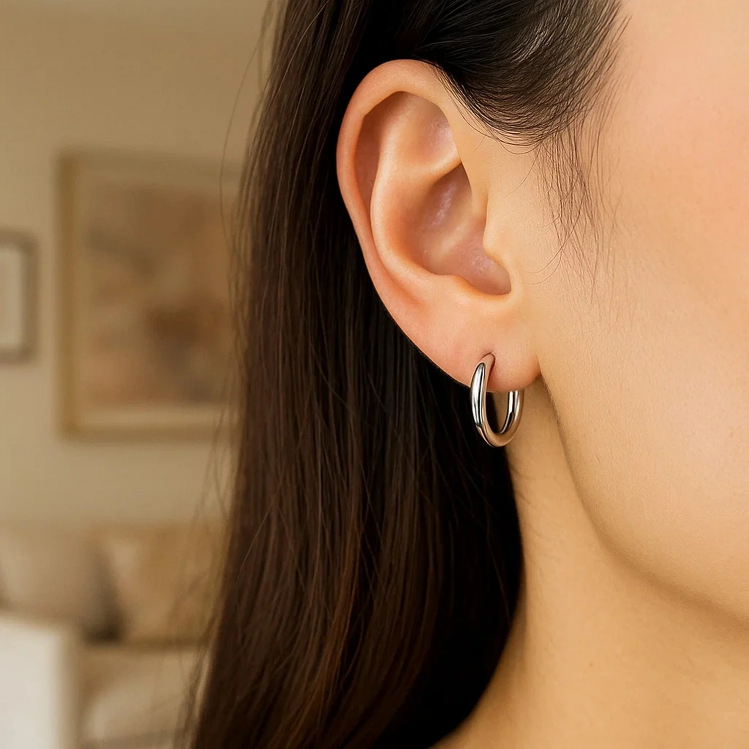 14k White Gold Polished Hoop Earrings (15 mm) - Image 3