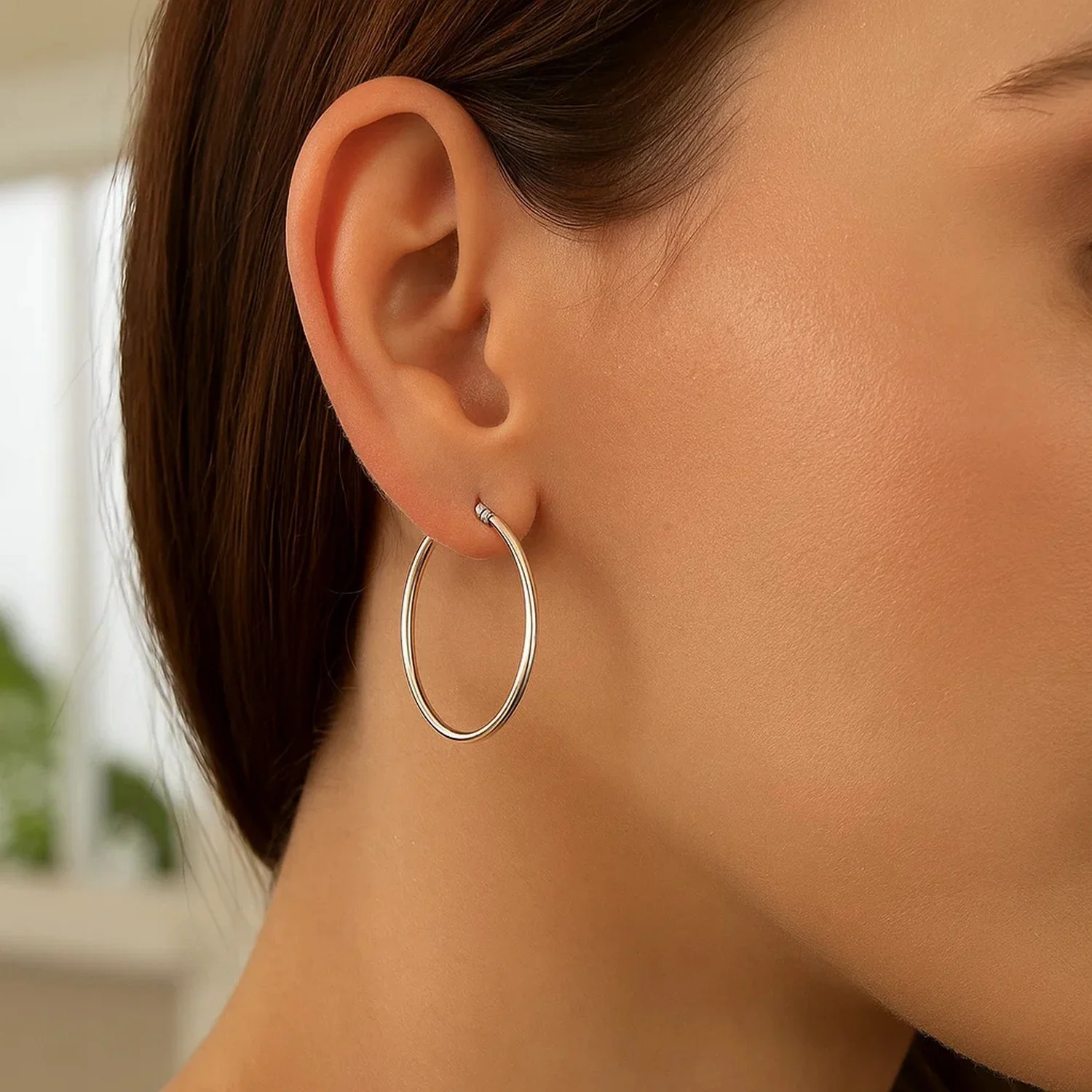 14k White Gold Polished Hoop Earrings (30 mm) - Image 3