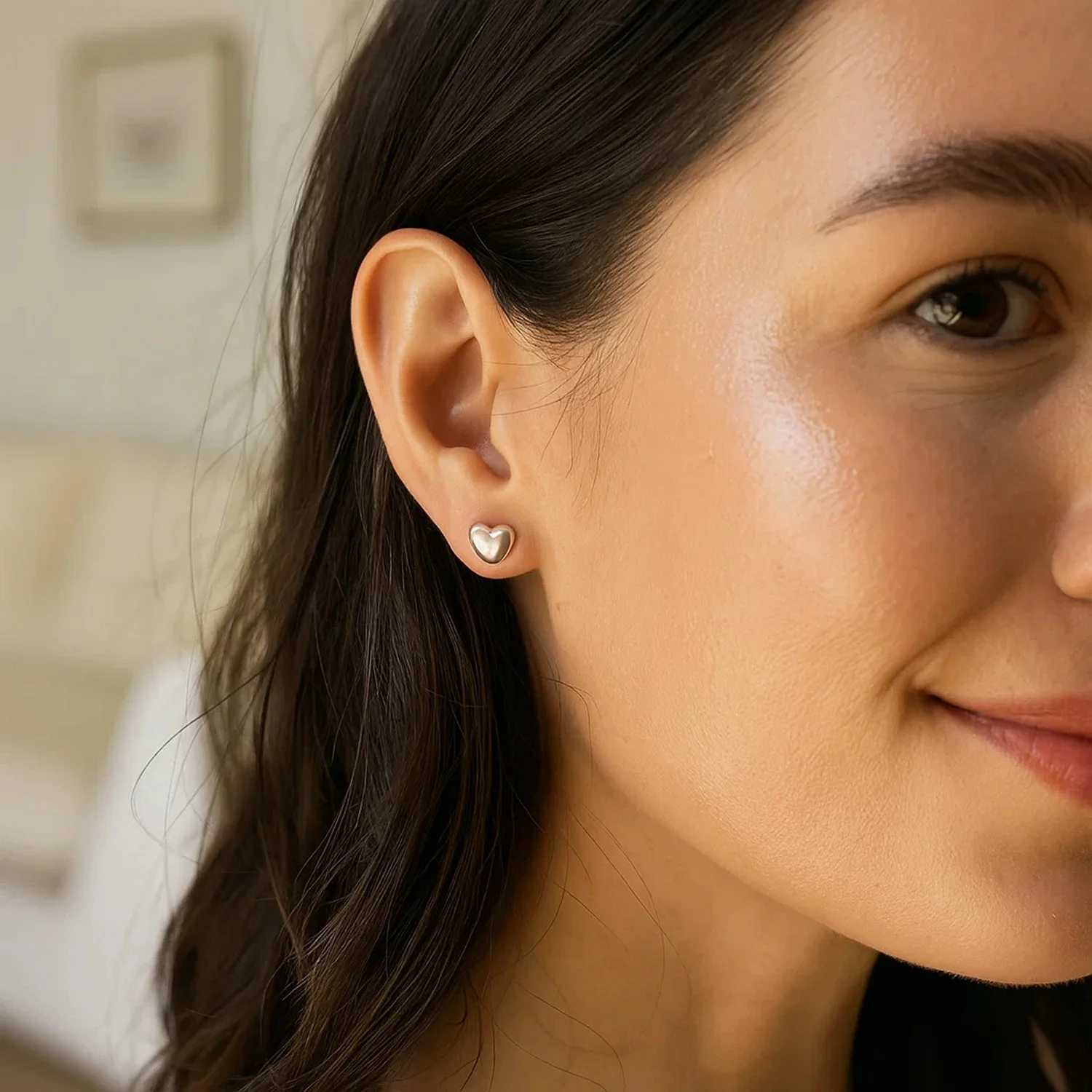 14k White Gold Puffed Heart Shape Shiny Earrings - Image 2